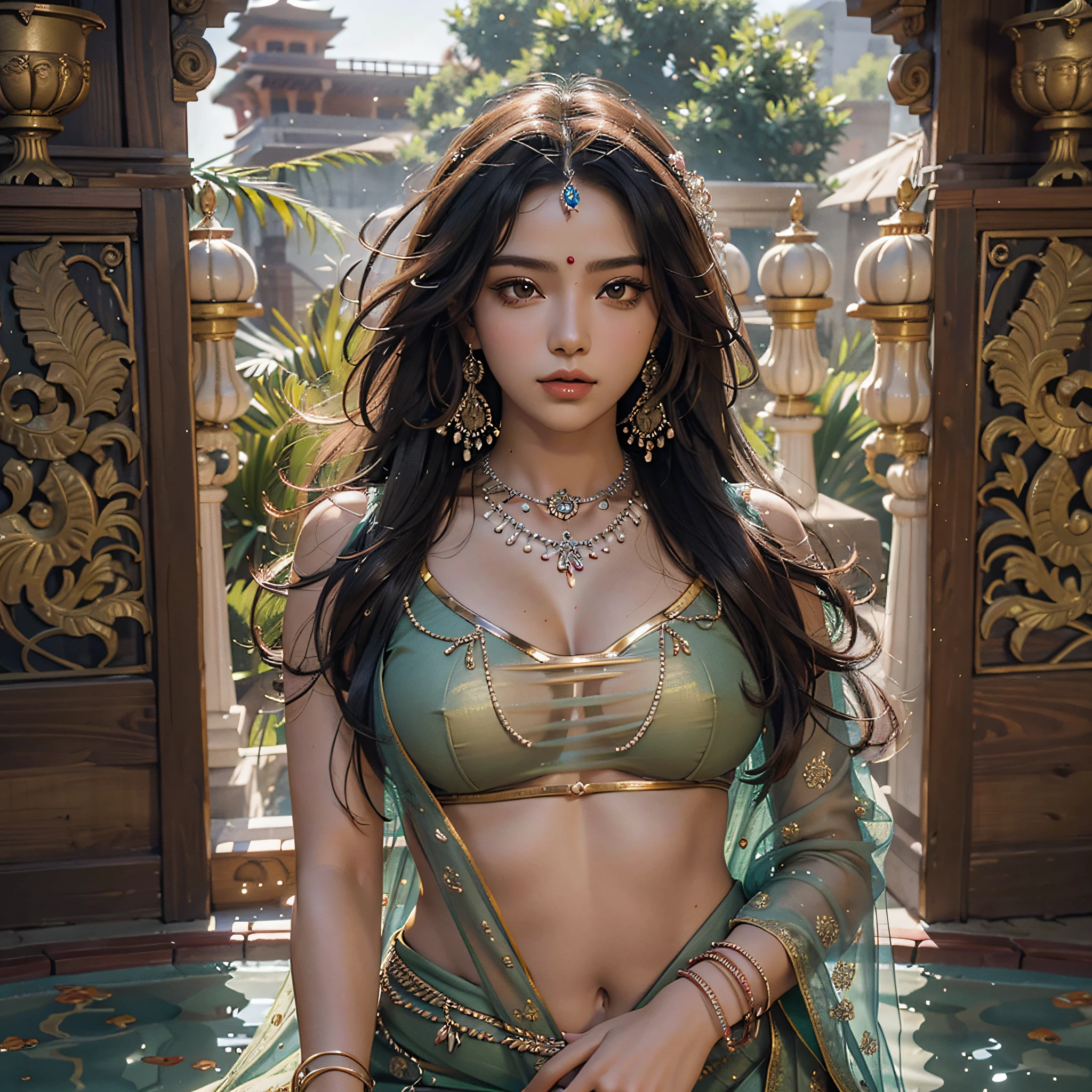 masutepiece, Raw photo,Photorealism,High resolution,Best Quality,High Definition, Perfect composition, Perfect face, Perfect body, 32K,Cinematic lighting,Transparent Sari,Indian women,20yr old,fullllbody, Beautiful shape, curvy girl, Colossal tits, Crotch split,anklets, ornaments, Long hair, a necklace,The inside is transparent, Model:Real
