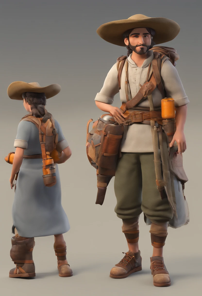 Create a character who would be a young traveler with an old backpack and an old water canteen tied around her waist, A peasant with a warrior style leaf template
