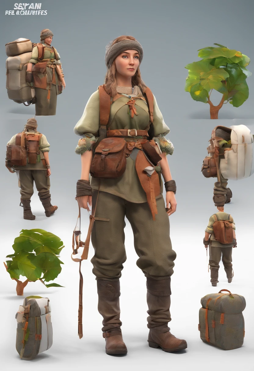 Create a character who would be a young traveler with an old backpack and an old water canteen tied around her waist, A peasant with a warrior style leaf template