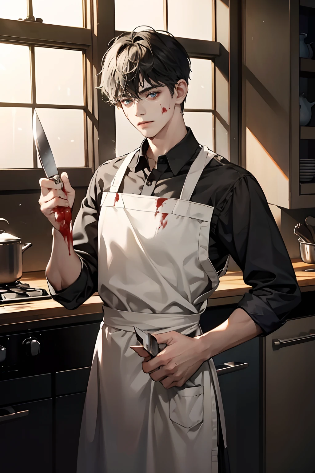 portrait,1 boy,eyes look at camera, (Wearing apron, holding a kitchen knife, blood on face, half closed eyes,),dark kitchen room,Dim light,dramatic shadow,Ray tracing, Best quality, Cinematic lighting,
