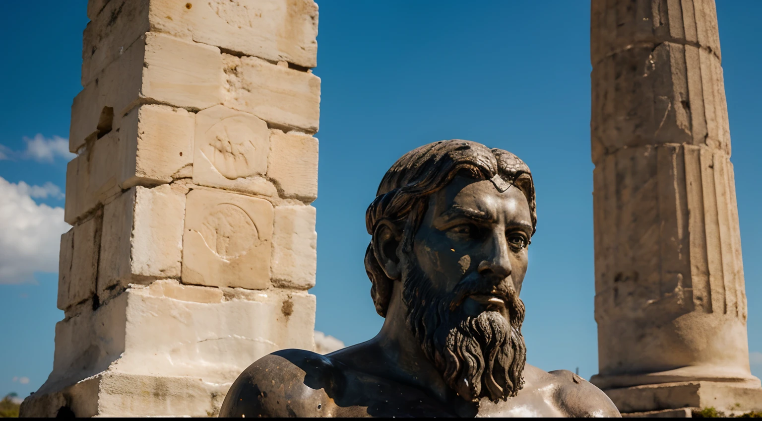 Ancient Stoic Statue With Very Angry Expression, tem barba, muitos detalhes em ambos os olhos, Outside, fundo atenas grego, open sky, com rosto extremamente detalhado full body view, Colors with low saturation with dark tone, Filmado em Sony A7S III com Sony FE 35mm f/1.8, 12.1 MP, --AR 3:2 --estilo cru