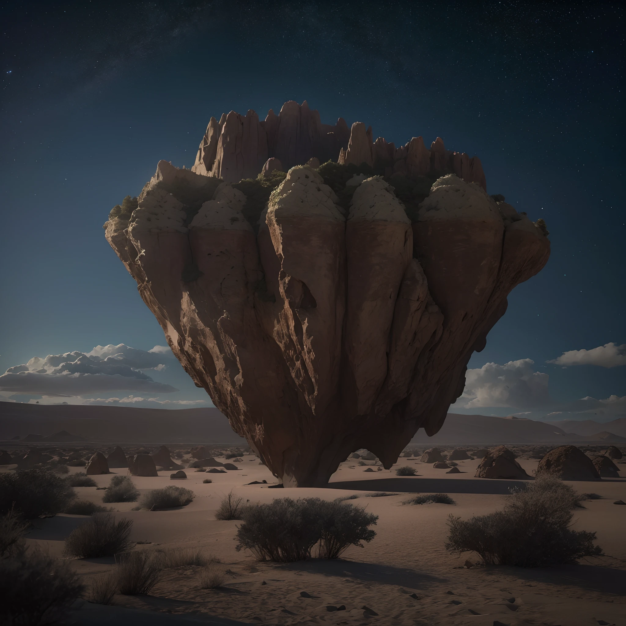 There's a big floating island rock in the sky, pairando sobre um deserto, floating island in the sky, Realistic, cinemactic, 35 mm, (master part:1.2), (best quality), 4k, ultra-detalhado, Amanhecer, Noite, atmosfera escura, Amanhecer, noite, The atmosphere is spooky, view from below, (Estrelas)