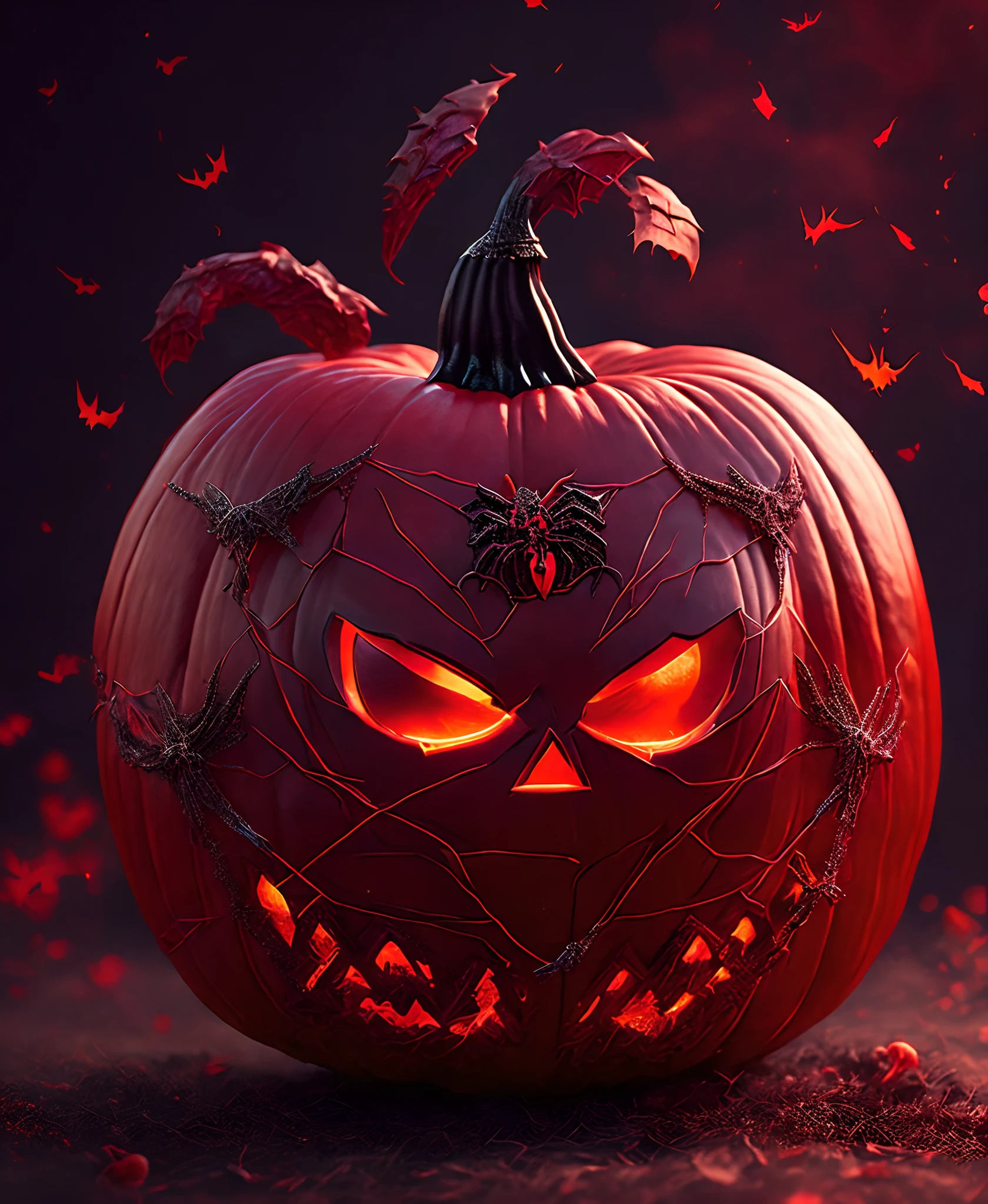 Close-up (Halloween pumpkin inspired by Spiderman suit from Marvel in Goth style: 1.3) emerging from the the pumpkin field, influenced by the colour red velvet, extremely detailed, smoke, sparks, metal shavings, flying debris, volumetric light