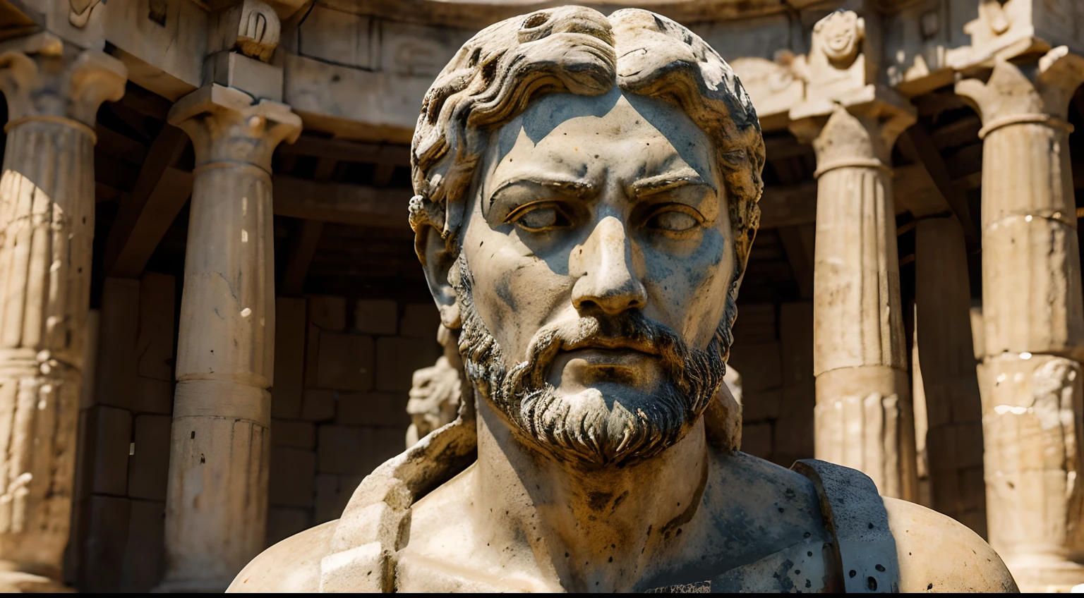 Ancient Stoic Statue With Very Angry Expression, tem barba, muitos detalhes em ambos os olhos, Outside, fundo atenas grego, open sky, com rosto extremamente detalhado full body view, Colors with low saturation with dark tone, Filmado em Sony A7S III com Sony FE 35mm f/1.8, 12.1 MP, --AR 3:2 --estilo cru