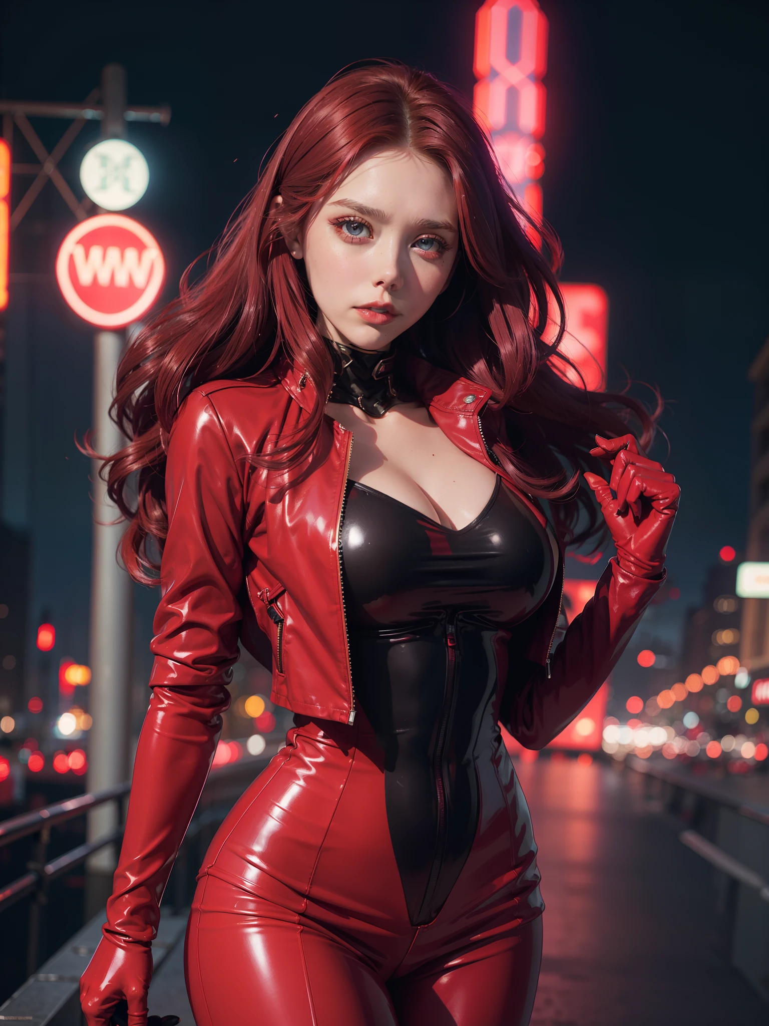 (1 lady), Elizabeth Olsen, beautiful face, scarlet hair , big boobs,perfect body shape, amazing eyes, wearing latex scarlet gloves, (scarlet tight dress +long sleeves, scarlet tight trousers, scarlet leather Jacket ),  (pantyhose:0.9),model pose, Canon EOS R, deep bokeh, 80mm lens, night city,  Hollywood street background , neon lights, cinematic framing.