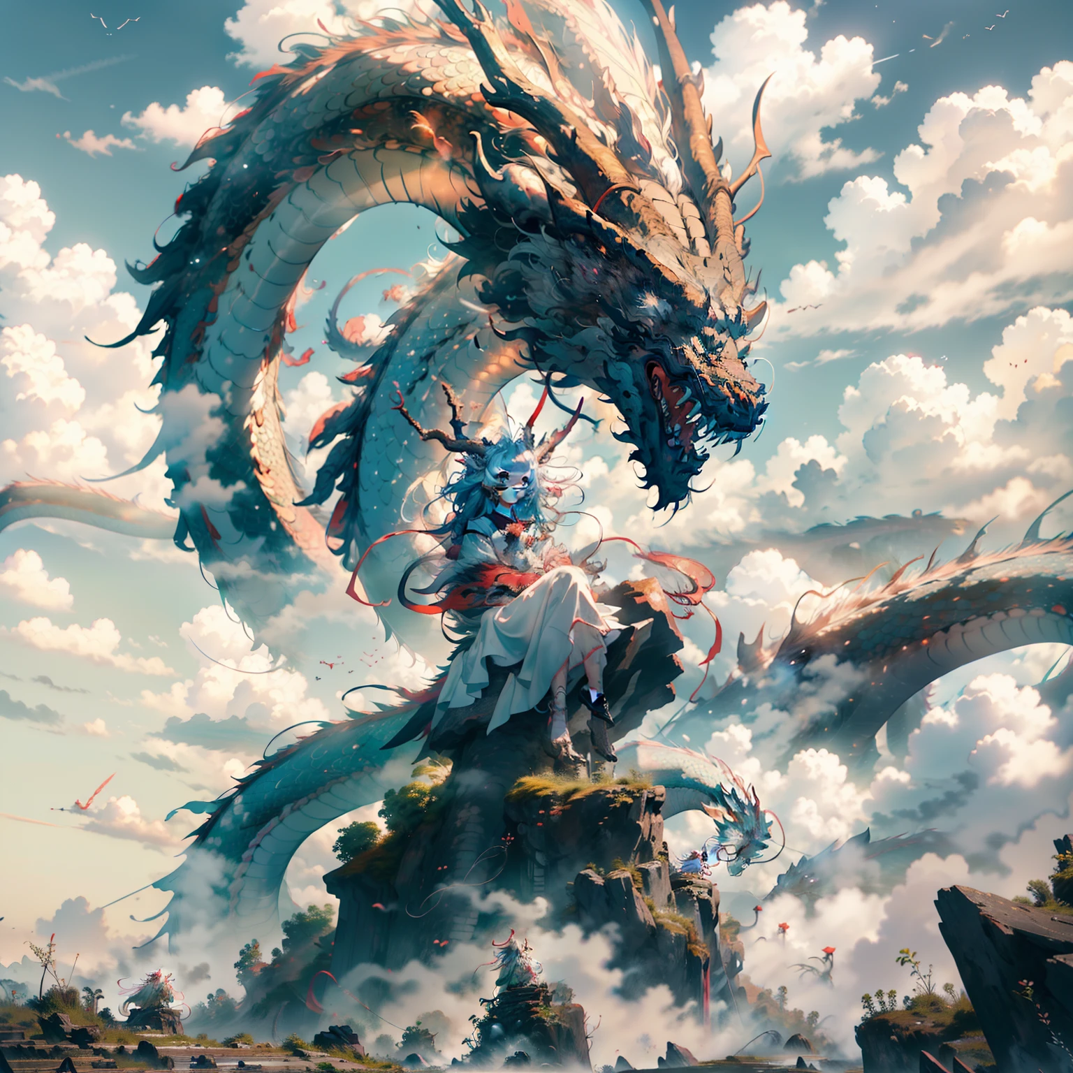 The Chinese white divine dragon soared into the air, ((((The girl is sitting on top of the dragon's head, clutching the dragon's horns tightly with both hands))))：1.3 Sky clouds surround the surroundings，Light magic，Fantastic background，Background of meaning，Absurd background，There are artistic overlays，multicolored hair, Surrealism, cinematic lighting, ray tracing, god rays, speed lines, pov, UHD, masterpiece, best quality, super detail, highres, high quality