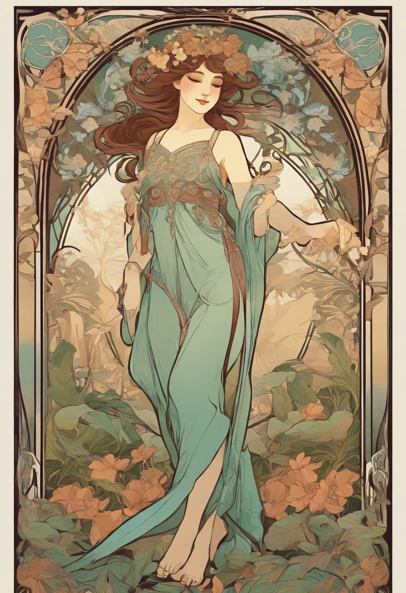 8K.Poster illustration in Alphonse Mucha style, Flat painting,japanese girl,serafuku,mini skirt,Full body like,slender body,Barefoot,Art Nouveau, Plants in the background, nsfw, masterpiece, Alfonse Mucha, high details