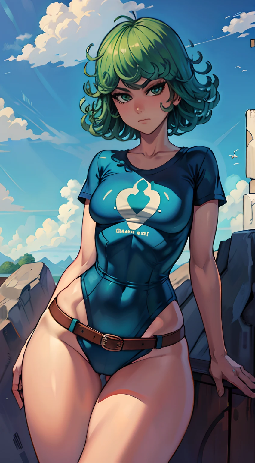 (masterpiece, best quality:1.2), cowboy shot, solo, 1girl, tatsumaki, lustful, closed mouth, looking at the viewer, ass, wide hips, t-shirt, short shorts, blue sky, clouds, erotica, groin neckline
