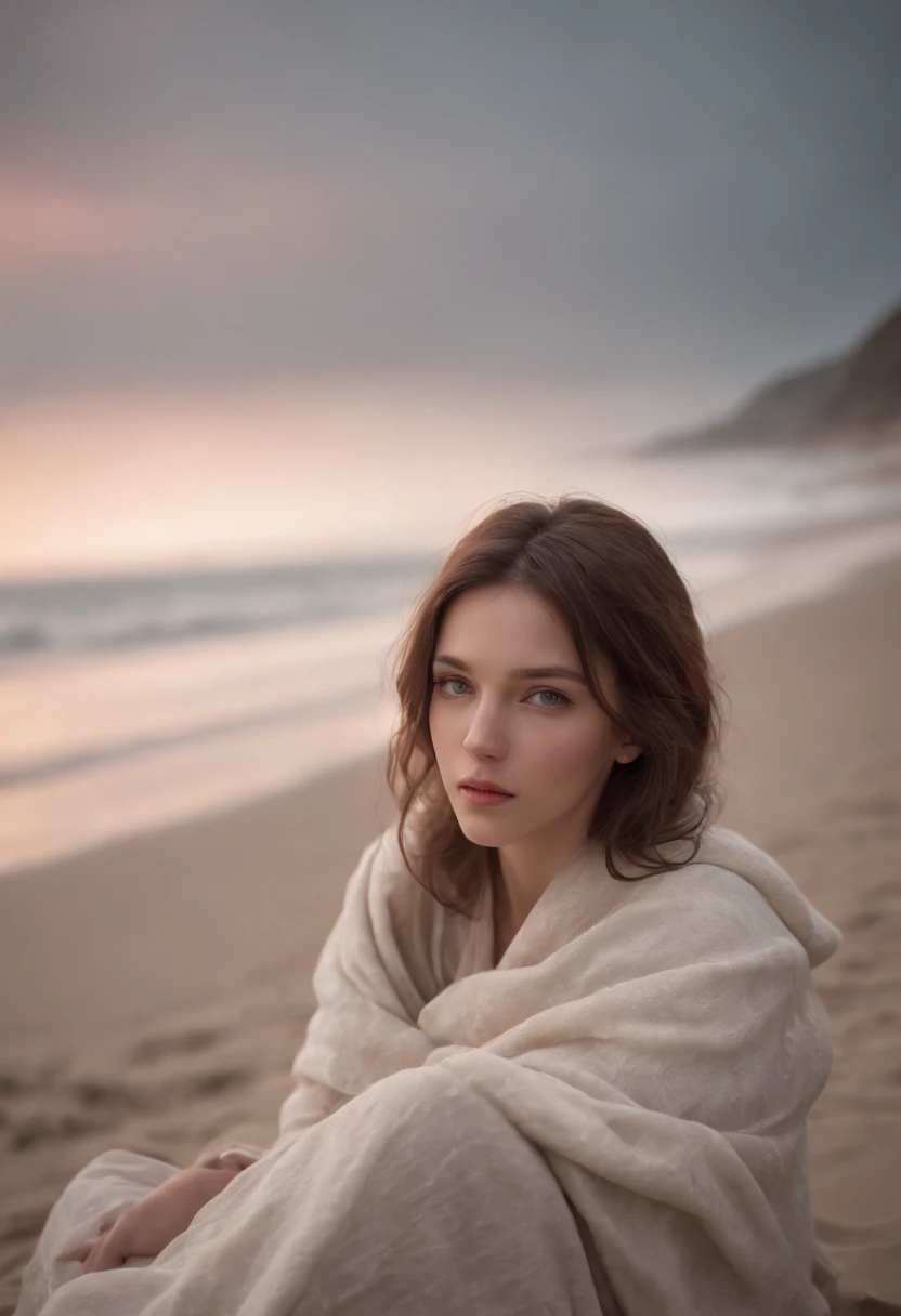 (masterpiece, best quality: 1.2), ultra detailed, cinematic lighting, HDR, illustration, landsape, 1girl, (soft colors), post-apocalyptic beach, the night, desolate atmosphere, girl sitting on the sand, covered vegetation, (overcast sky), waves crashing on the coast, (melancholic but hopeful), quiet moment of respite, (detailed textures), windswept hair, cloudy at night