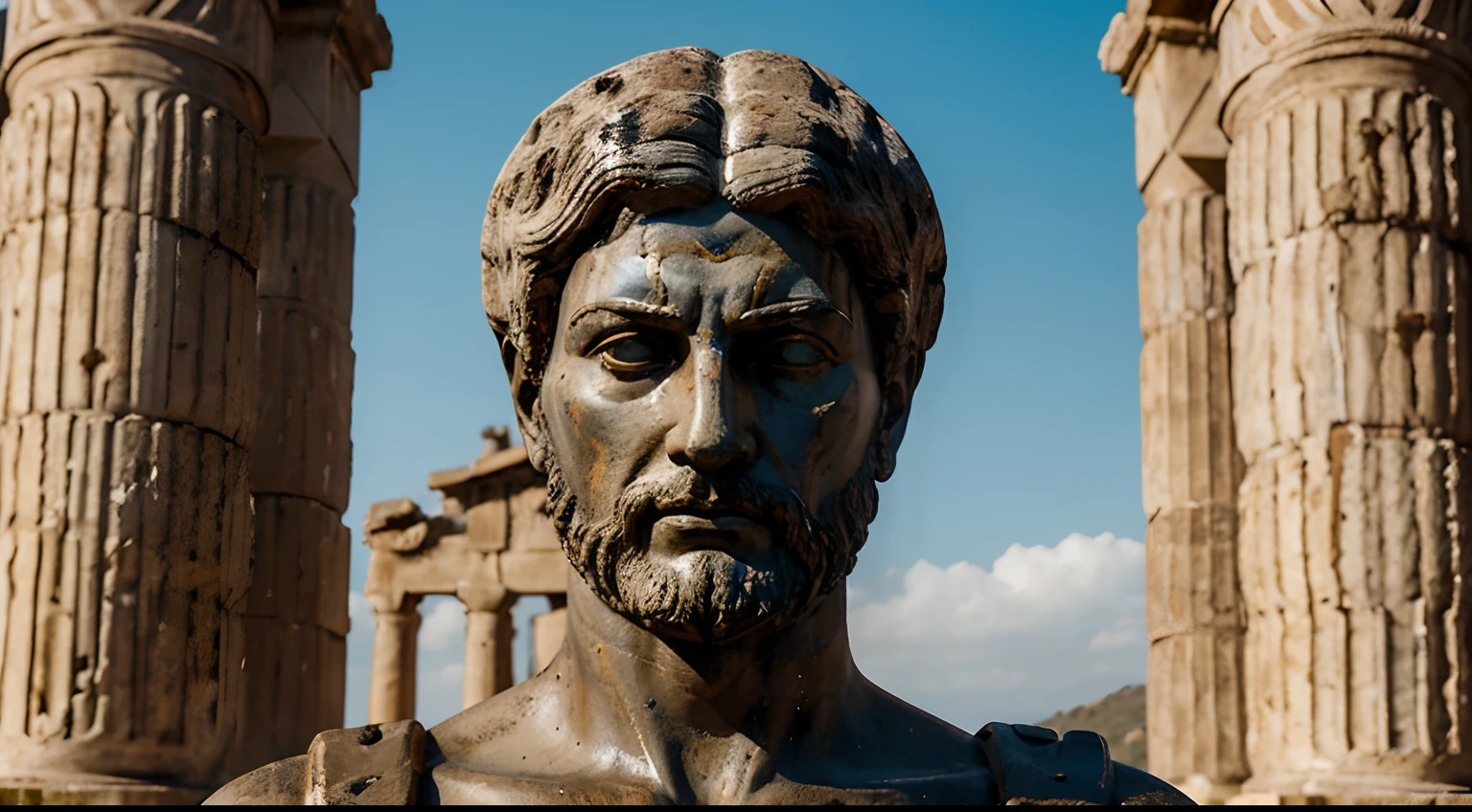 Ancient Stoic Statue With Very Angry Expression, tem barba, muitos detalhes em ambos os olhos, Outside, fundo atenas grego, open sky, com rosto extremamente detalhado full body view, Colors with low saturation with dark tone, Filmado em Sony A7S III com Sony FE 35mm f/1.8, 12.1 MP, --AR 3:2 --estilo cru