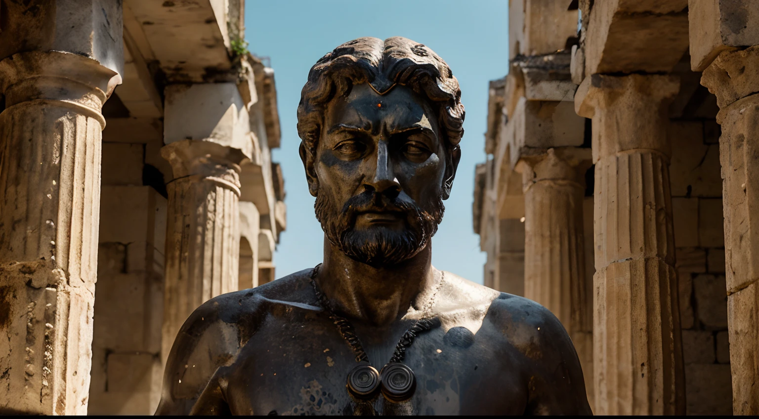 Ancient Stoic Statue With Very Angry Expression, tem barba, muitos detalhes em ambos os olhos, Outside, fundo atenas grego, open sky, com rosto extremamente detalhado full body view, Colors with low saturation with dark tone, Filmado em Sony A7S III com Sony FE 35mm f/1.8, 12.1 MP, --AR 3:2 --estilo cru