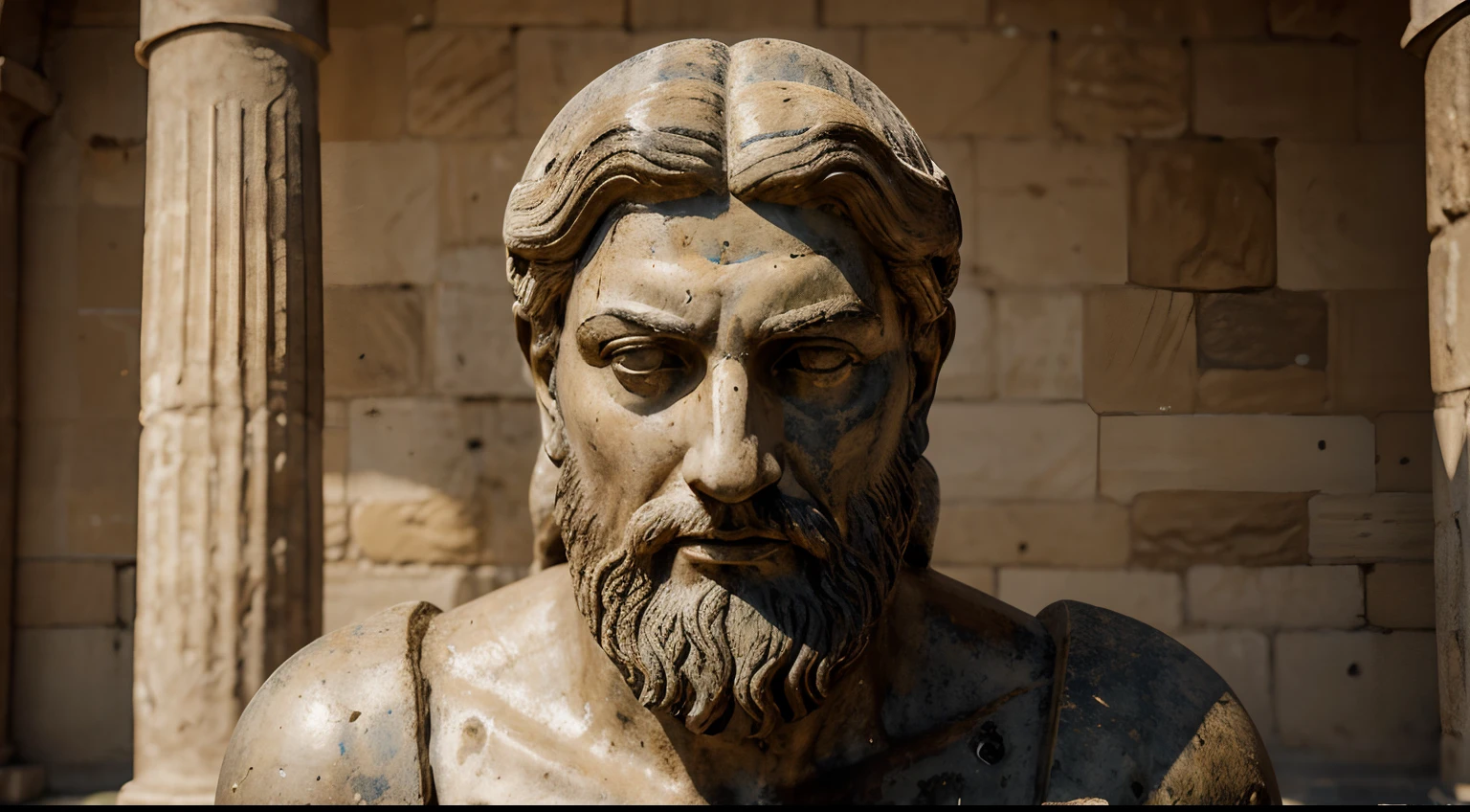 Ancient Stoic Statue With Very Angry Expression, tem barba, muitos detalhes em ambos os olhos, Outside, fundo atenas grego, open sky, com rosto extremamente detalhado full body view, Colors with low saturation with dark tone, Filmado em Sony A7S III com Sony FE 35mm f/1.8, 12.1 MP, --AR 3:2 --estilo cru
