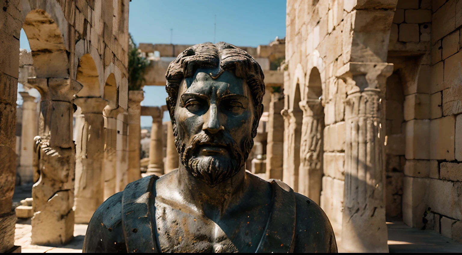 Ancient Stoic Statue With Very Angry Expression, tem barba, muitos detalhes em ambos os olhos, Outside, fundo atenas grego, open sky, com rosto extremamente detalhado full body view, Colors with low saturation with dark tone, Filmado em Sony A7S III com Sony FE 35mm f/1.8, 12.1 MP, --AR 3:2 --estilo cru