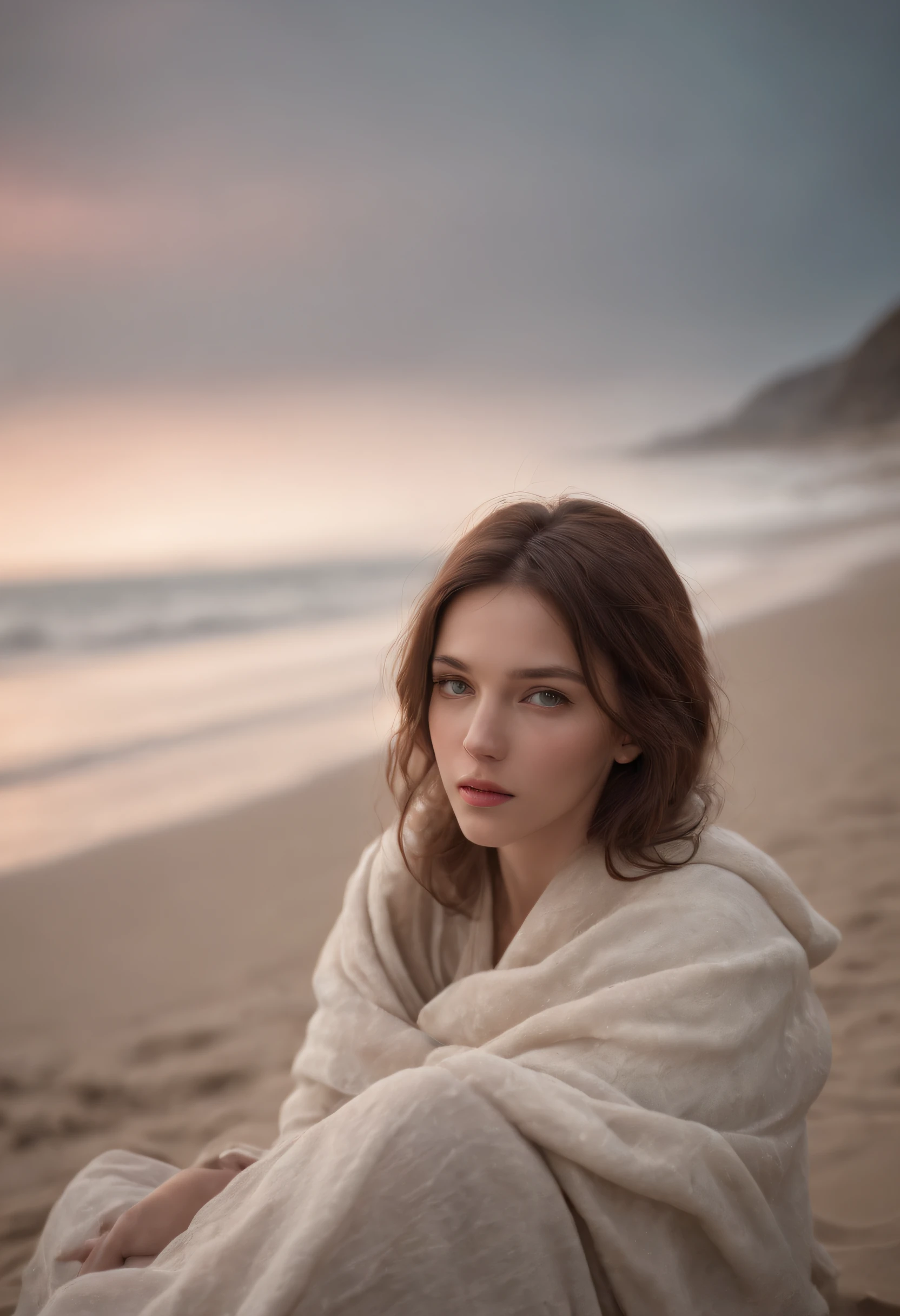 (masterpiece, best quality: 1.2), ultra detailed, cinematic lighting, HDR, illustration, landsape, 1girl, (soft colors), post-apocalyptic beach, the night, desolate atmosphere, girl sitting on the sand, covered vegetation, (overcast sky), waves crashing on the coast, (melancholic but hopeful), quiet moment of respite, (detailed textures), windswept hair, cloudy at night
