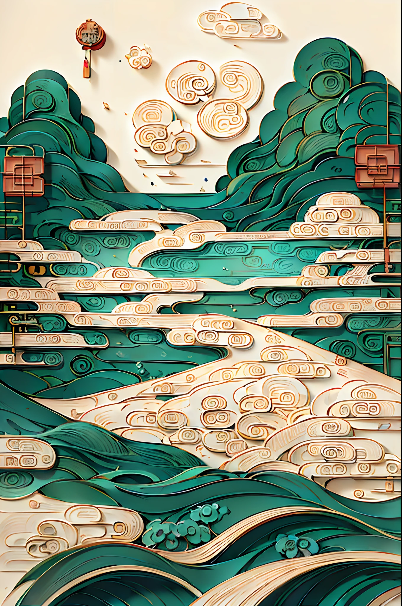 (Ancient Chinese landscapes:1.4)，(illustration:1.3，paper art:1.3, Quilted paper art:1.2),( reasonable design, Clear lines,Best quality, Masterpiece, movie light effect, 4K )