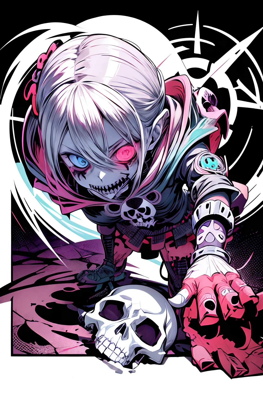 anime zombie witch design, crossbones, skulls, street wear design, pro vector, Horror style, full design, 6 colors only, solid colors, no shadows, full design, sticker, bright colors, white background.