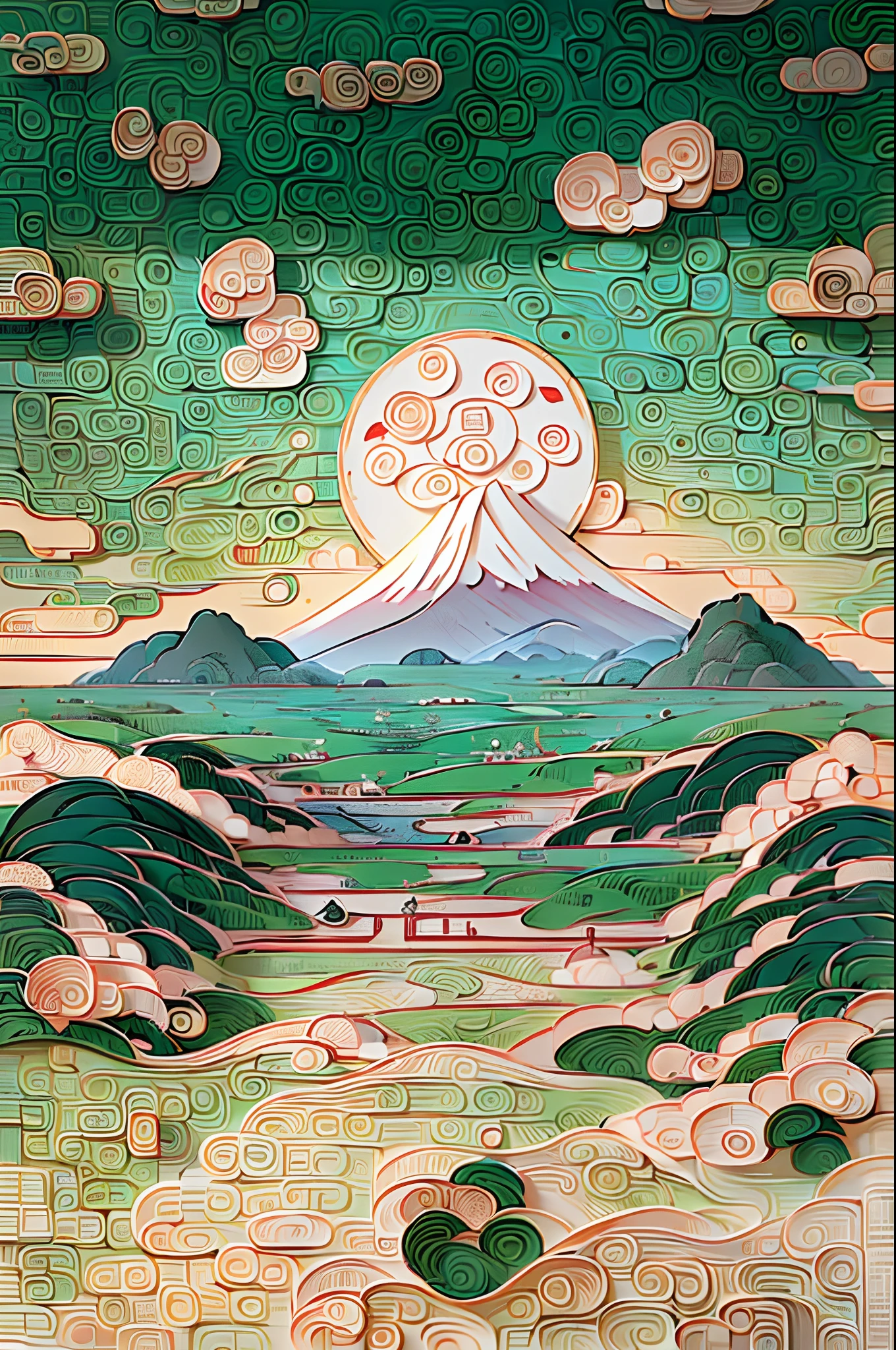 (Ancient Chinese landscapes:1.4)，(illustration:1.3，paper art:1.3, Quilted paper art:1.2),( reasonable design, Clear lines,Best quality, Masterpiece, movie light effect, 4K )