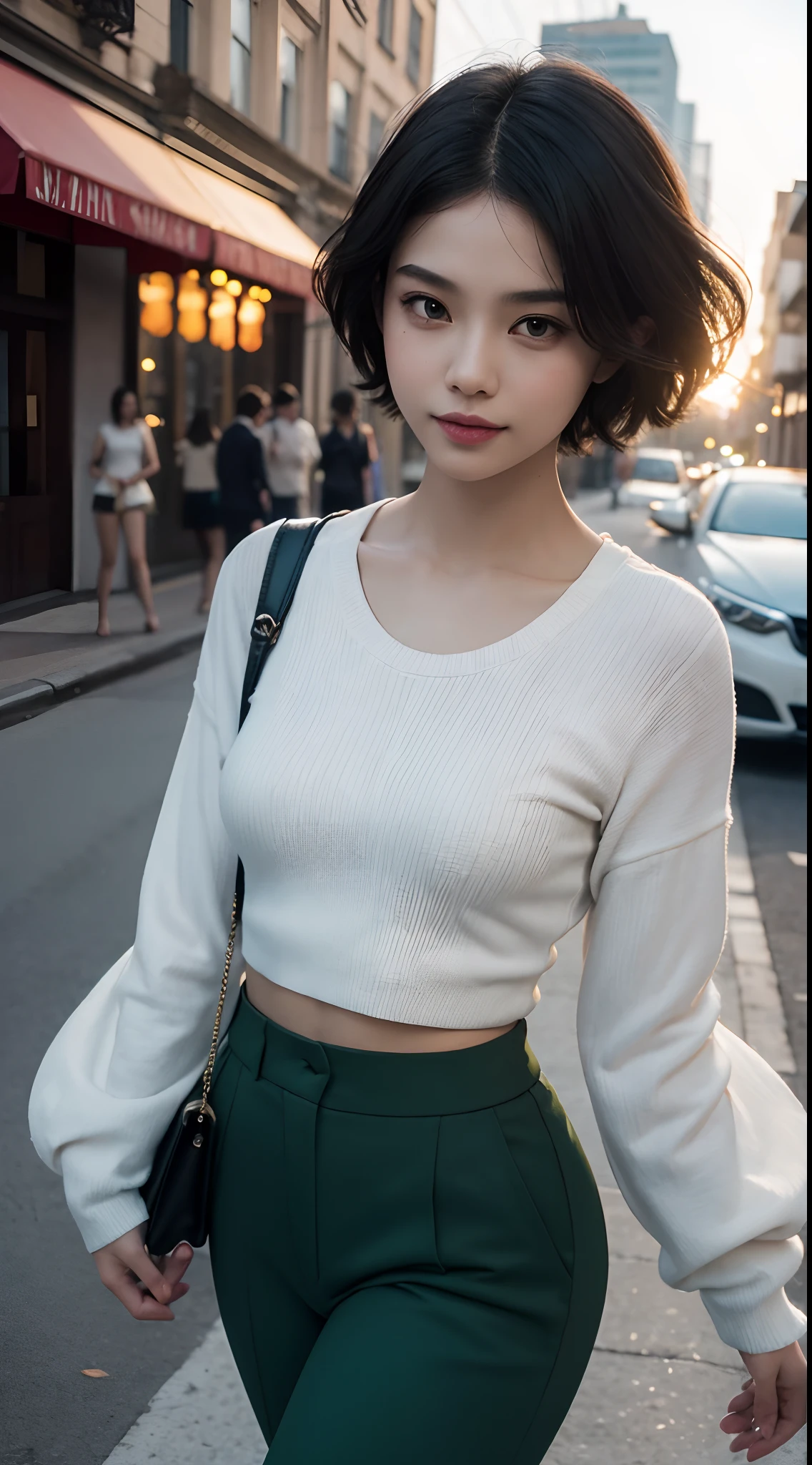 Realistic Malay girl wear white Half Button Rib Knit Tee with green jacket and tight High Waist Plicated Detail Suit Pants, very short white hair, pixie haircut, walking in city street, catwalk, confident walk, carrying handbag, windy, elegance, front view, detail skin, detail skin texture, beautiful malay face, pastel color outfit, small breast, wide hip, wide waist, thick thighs, slim abs, beautiful body, evening, sunset, sun light enhance dramatic mood, arrogant smile, professional cinematic  lighting, blur background, bokeh, realistic, ultra detail, high quality, 8k, closeup,