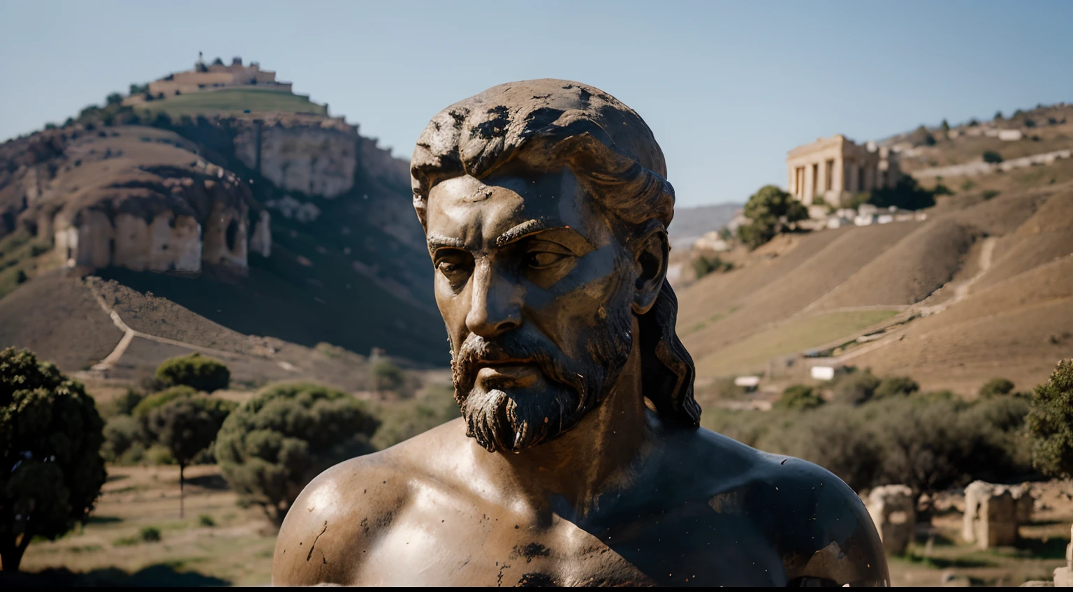 Ancient Stoic Statue With Very Angry Expression, tem barba, muitos detalhes em ambos os olhos, Outside, fundo atenas grego, open sky, com rosto extremamente detalhado full body view, Colors with low saturation with dark tone, Filmado em Sony A7S III com Sony FE 35mm f/1.8, 12.1 MP, --AR 3:2 --estilo cru