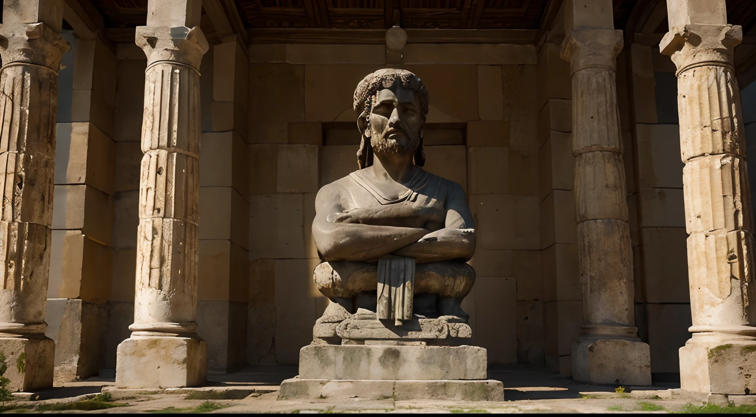 Ancient Stoic Statue With Very Angry Expression, tem barba, muitos detalhes em ambos os olhos, Outside, fundo atenas grego, open sky, com rosto extremamente detalhado full body view, Colors with low saturation with dark tone, Filmado em Sony A7S III com Sony FE 35mm f/1.8, 12.1 MP, --AR 3:2 --estilo cru