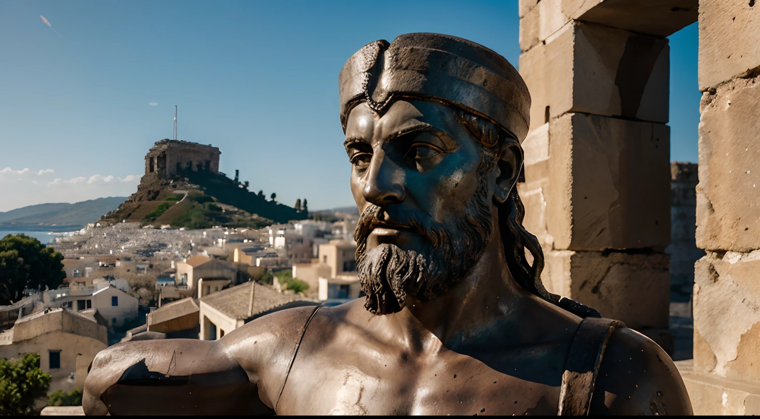 Ancient Stoic Statue With Very Angry Expression, tem barba, muitos detalhes em ambos os olhos, Outside, fundo atenas grego, open sky, com rosto extremamente detalhado full body view, Colors with low saturation with dark tone, Filmado em Sony A7S III com Sony FE 35mm f/1.8, 12.1 MP, --AR 3:2 --estilo cru