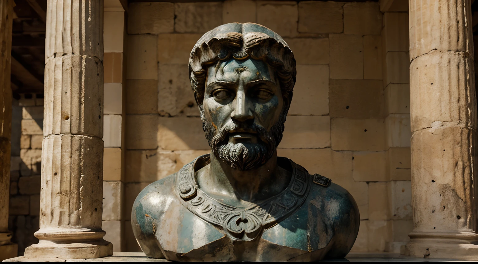 Ancient Stoic Statue With Very Angry Expression, tem barba, muitos detalhes em ambos os olhos, Outside, fundo atenas grego, open sky, com rosto extremamente detalhado full body view, Colors with low saturation with dark tone, Filmado em Sony A7S III com Sony FE 35mm f/1.8, 12.1 MP, --AR 3:2 --estilo cru