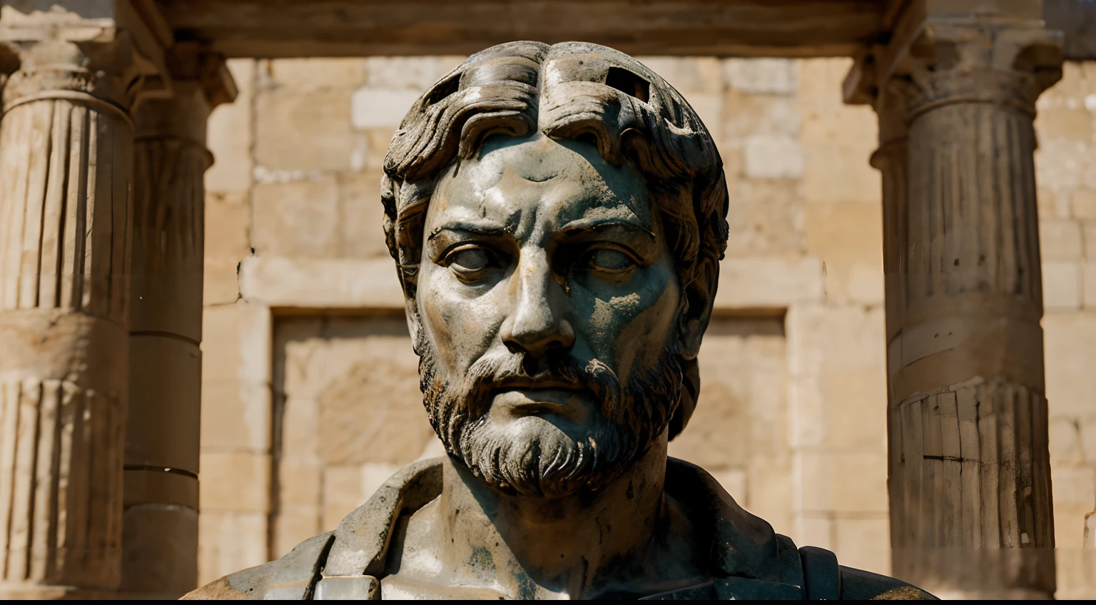 Ancient Stoic Statue With Very Angry Expression, tem barba, muitos detalhes em ambos os olhos, Outside, fundo atenas grego, open sky, com rosto extremamente detalhado full body view, Colors with low saturation with dark tone, Filmado em Sony A7S III com Sony FE 35mm f/1.8, 12.1 MP, --AR 3:2 --estilo cru