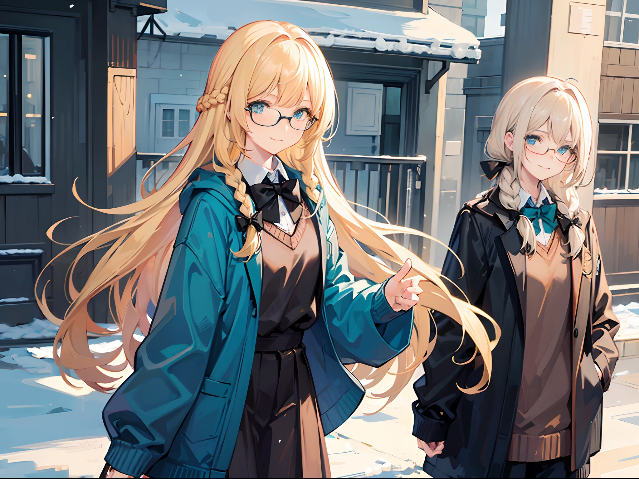 4K 18-year-old blonde girl, Turquoise eyes,I braid the braid left and right.. ,Two black bow ties.. Wear a sweater.. Wear glasses. .In the snow with a slightly smiling face.......