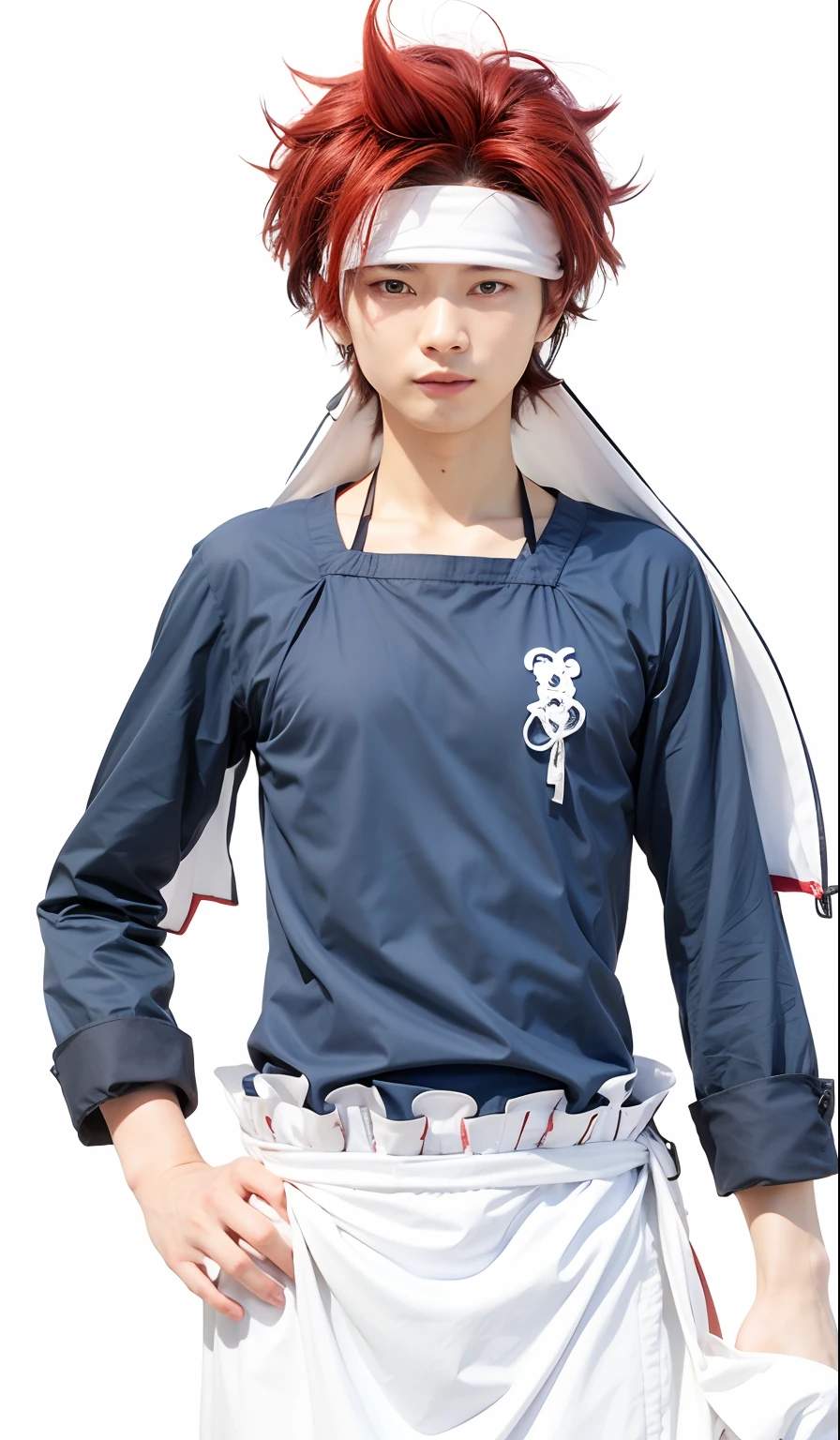 japanese man, red hair, white headscarf, navy blue long-sleeved shirt, white apron