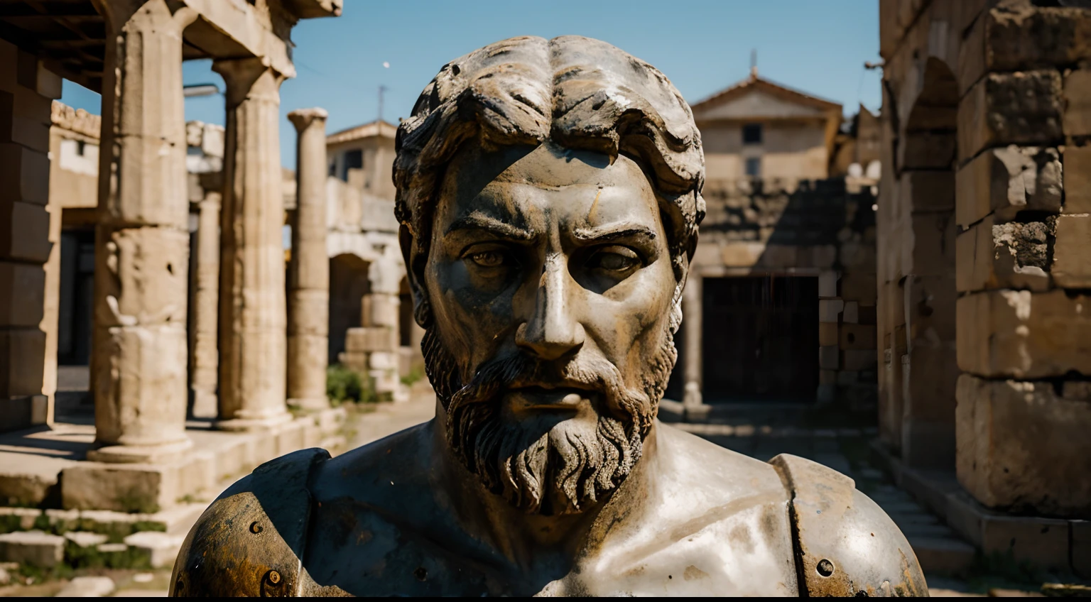 Ancient Stoic Statue With Very Angry Expression, tem barba, muitos detalhes em ambos os olhos, Outside, fundo atenas grego, open sky, com rosto extremamente detalhado full body view, Colors with low saturation with dark tone, Filmado em Sony A7S III com Sony FE 35mm f/1.8, 12.1 MP, --AR 3:2 --estilo cru
