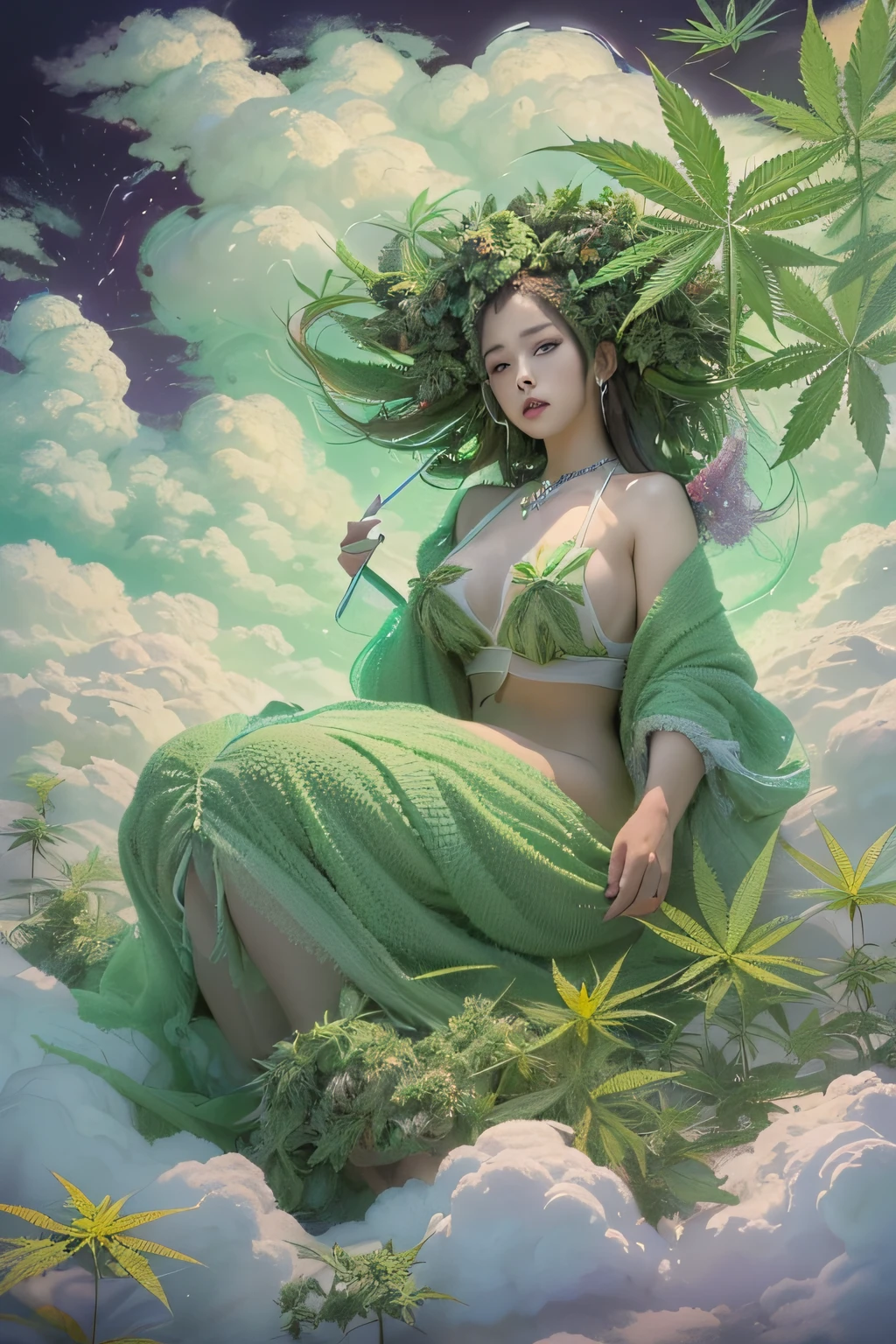 There was a woman sitting on a cloud in the sky, Buatigarh,cloud goddess, dreamy illustration, girl clouds, lie on white clouds fairyland, White cloud hair, jen bartel, Clouds. Fantasy, Dreamy clouds, concept-art ,dreamlike digital painting、Alafed poster of women wearing purple smoke and green flames, Ethereal and ghostly atmosphere, Ethereal!!!, a stunning young ethereal figure, An ethereal curtain that flows infinitely, Spirits covered with curtains, ghostly forms, irridescent ghostly, ethereal stills, Ghostly figures, white glowing aura, Ethereal essence, ethereal fantasy, Ethereal!!!!!!!, Ghost smoke、Dispensary、Treat yourself、Endocannabinoid System、Take a dose of cannabis every morning、holding a bong in hand、(Super Detail CG Unity 8k Wallpapers:1.5),<(masterpiece:1.5), (Top image quality:1.7), high-resolution illustrations, (Eye of detail and face of detail:1.3), (detaile:1.3, top-quality, (ultra-detailliert), (extremely delicate and beautiful), (illustratio), (Painterly),(masterpiece:1.5),ciinematic light,dynamic ungle,floating,foco nítido,(2D:1.7), (Top image quality:1.3),(illustratio:1.1),((dishevled hair:1.2),(beautiful finely detailed eyes:1.1),(Movie Light:1.1)、(marijuana goddess:1.2)、(cannabis goddess:1.2)、(ganja goddess:1.2)、(weed goddess:1.2)、(hemp goddess:1.2)、(Marijuana leaf piercings:1.2)、(Beautiful japanese girl)、Sexy in traditional Japan kimono、Curvy body type、voluptuous figure、Curvy body type、fat figure、large full breasts、large boob、((full_Body_Portrait))、(Japan Art and Culture)、Marijuana background cannabis dried flowers Delicately drawn big bulging glowing cannabis,A smile surrounded by upscale marijuana that highlights the beauty and uniqueness of the plant((of the highest quality, 8K, masutepiece: 1.3)), Beautiful woman, 1 woman, Big: 1.3, Slender figure: 1.1, Toned abs, dark brown hair, Wet body, hyperdetailed face, Detailed lips, Detailed eyes, Double eyelids,Blonde Mesh、Wanren、((Full-length photo)), ((Cannabis leaves)), (((Umbilical piercing of hemp flowers and leaves))), Eye shadow makeup, Sunny days!, Makeup for sunny days, 8 K, ((slight shine along the contour,)), ((Backglow along the contour)), ((neon light))Cannabis design for the head, cute artwork, cute cartoon, _Character, cute character, cute character, , so cute, , Cute anthropomorphic cannabis、Cartoon green monster sitting with cannabis on the ground, Cute character design, Cute little cannabis, Cute little purple cannabis, adorable glowing creature,、Adorable creatures, portrait of a cute monster, Cute cannabis creatures, Marijuana Monster Character Design, cute toy, Cannabis plush toys, fluffy green belly and red eyes,,(Purple background 1:3 ),Cute detailed digital art exhaling smoke from mouth、Adorable Digital Painting、Cute digital art、Cute anthropomorphic cannabis、cute 3d render、beautiful digital works of art、Sleepy look with animal eyelids half closed in a dream、half-open eyes、Red-eyed eyes、Cute cannabis creatures、There are cute animals logo web design cannabis、intergalactic、Manteau blanc、It should be a happy atmosphere、CBD、time Calm clinic、Marijuana – Color Art 4K,go SUI,Magical water pipebons and rolling papers surrounded by cannabis buds in a smoking environment are placed around Describe your image of the most beautiful and hardy cannabis plantation in the world