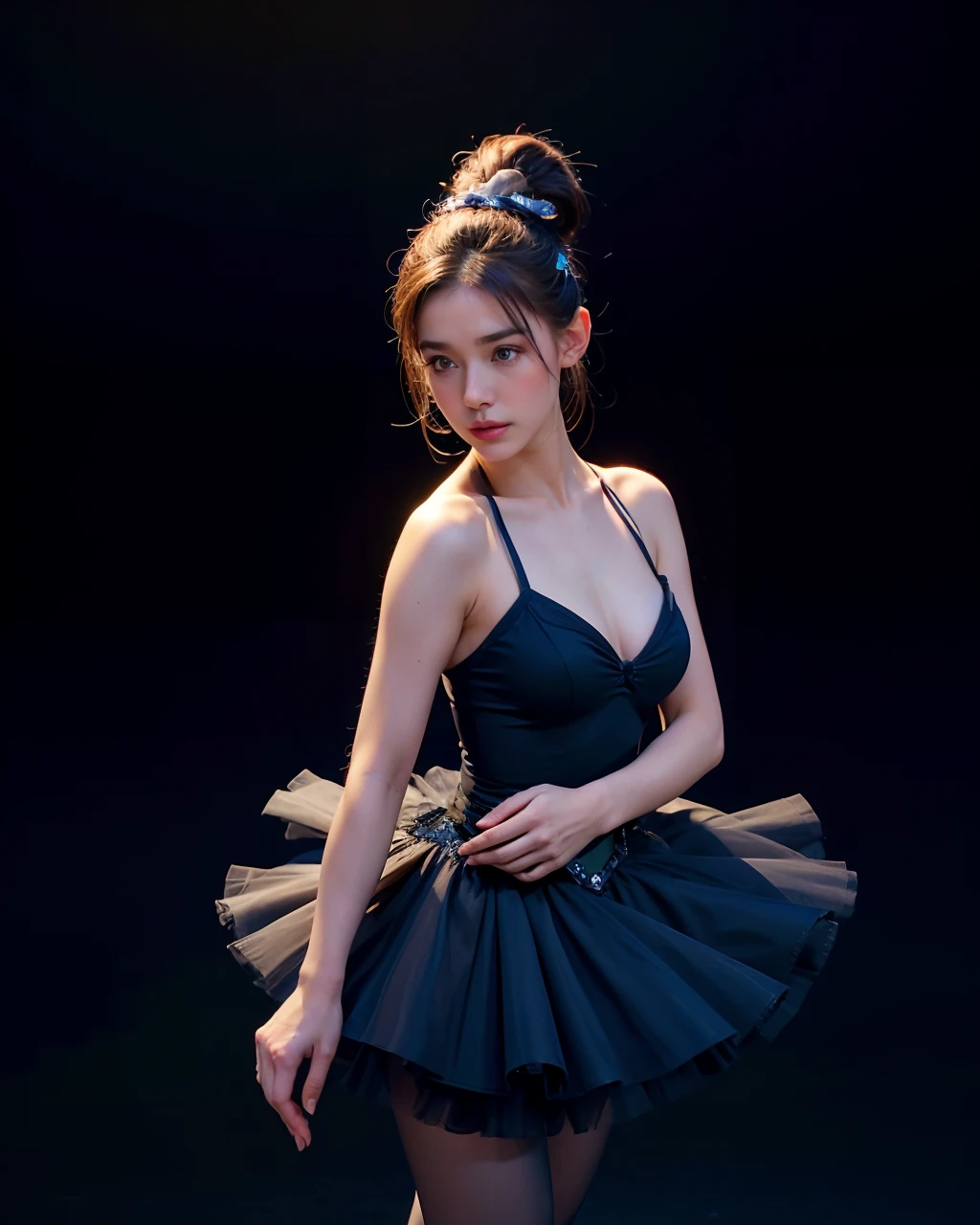 a ballet dancer (in a ballet pose:1.3), in a theater, wearing black ballet dress with blue tutu,
good hand,4k, high-res, masterpiece, best quality, head:1.3,((Hasselblad photography)), finely detailed skin, sharp focus, (cinematic lighting),  soft lighting, dynamic angle, [:(detailed face:1.2):0.2], medium breasts, cowboy shot, upper body