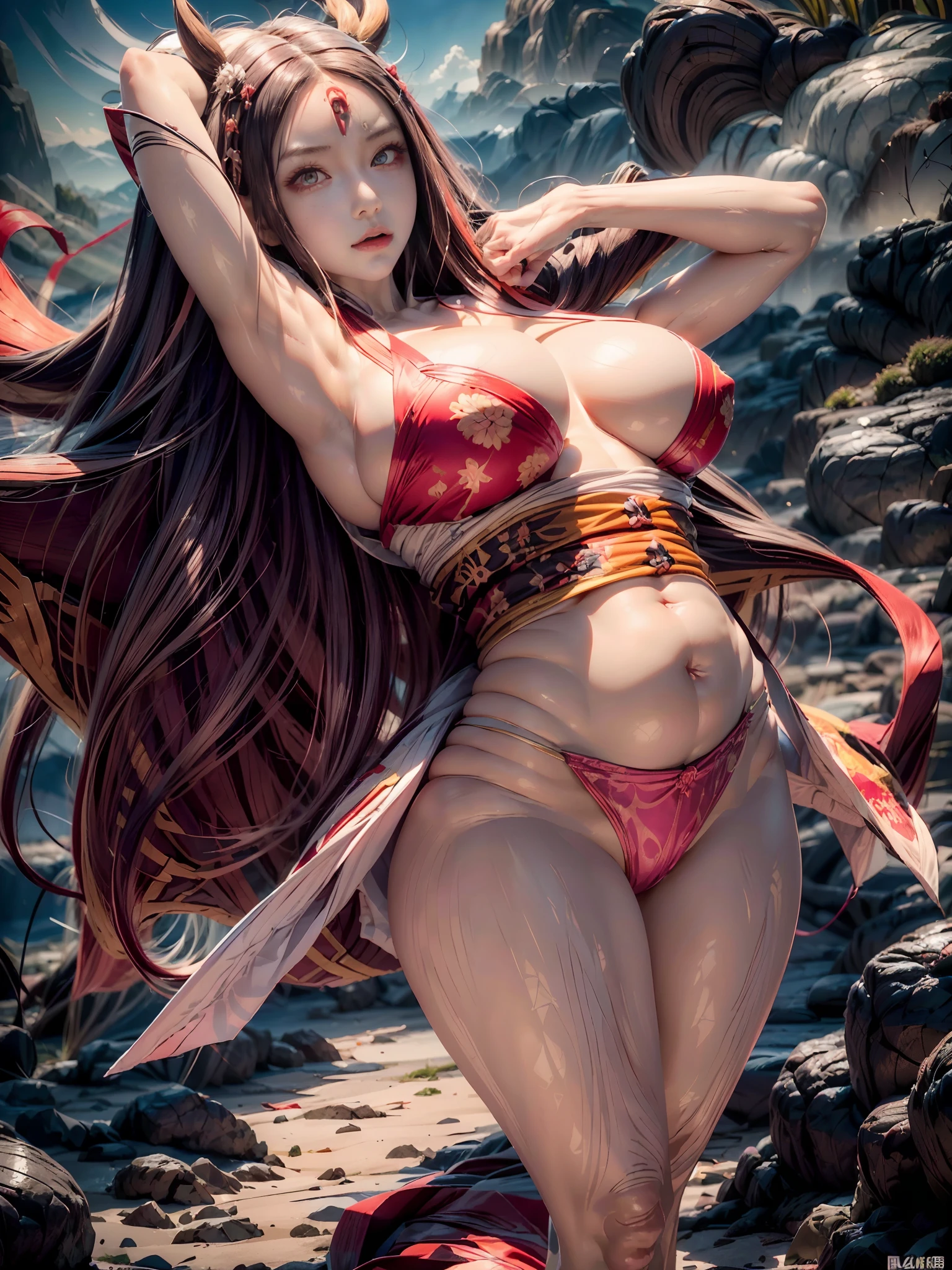 (ultra realistic photo of Nezuko kamado goddess of beauty, bright pink eyes, angry angry expression, 8k, UHD, hottie with ultra giant breasts, huge long breasts sticking out of the kimono, with long black hair and orange tips, sexy Japanese kimono dark pink, she doesn't wear panties showing her tattooed , pubic hair showing), Nezuko with a piece of bamboo stuck up her ass, (Nezuko, Nezuko-chan, Demon Slayer art style, kimetsu no yaiba), Anime character female hentai, (Nezuko, in her demon form, huge breasts, giant long breasts sticking out of her clothes, her breasts sticking out of her kimono, showing beautiful pointy breasts), (the length of her ultra giant breasts goes up to her toned belly, she has leaf tattoos running down her erotic sexy body), Demon Slayer rui fanart, wielding kunai, Marin Kitagawa Fanart, clean and detailed anime art, a very beautiful berserker woman, by Kamagurka, professional art, perfect detail, (Nezuko kamado na her demonic form showing her giant, hairy , based on the Demon Slayer kimetsu no yaiba), nudes,