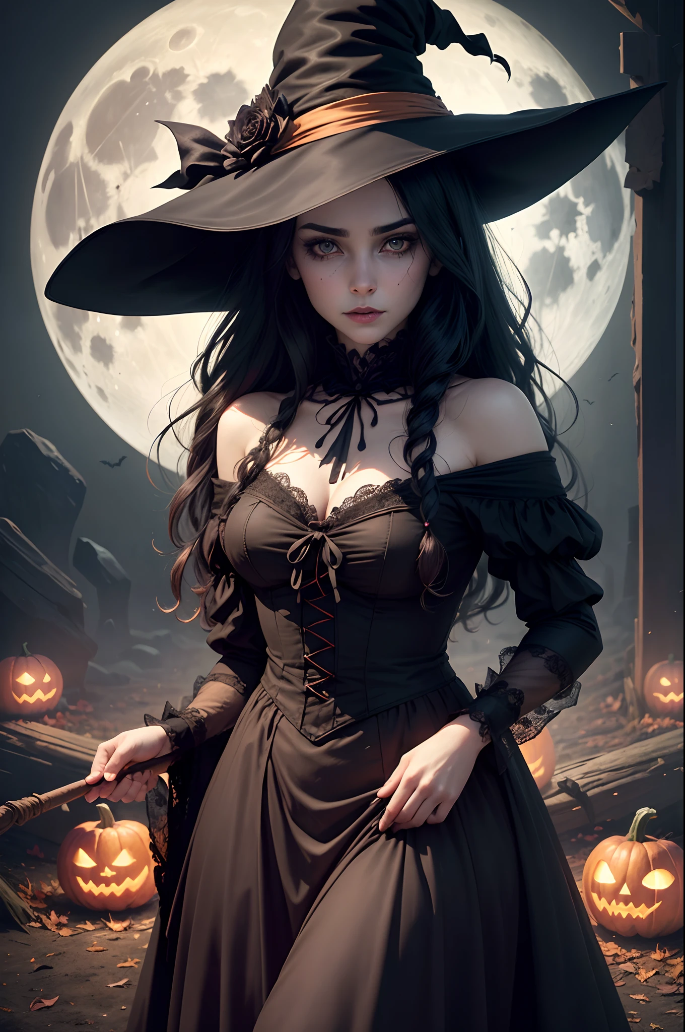 (Best Quality,4k,8K,hight resolution,Masterpiece:1.2),Ultra-detailed,(Realistic,Photorealistic,photo-realistic:1.37),The Girl in the Hat,(hat:1.1),Scary and mysterious atmosphere,Horror style,Witch costume,Long black hair,beautiful detail eyes,beautiful detailed lips,makeup:Halloween pumpkin carving,Spooky Lights,Creepy background,Dark Forest,full moon,Grim expressions,Phantom Vibes,The Enchanted Garden,Magic in the air,Pumpkin Lanterns,flying bats,Shivering Stars,Fine Mist,Dancing Shadows,Autumn colors,Gloomy Forest,Gothic atmosphere,Halloween theme,Black Cat Sneaking Everywhere,Witch's Hat and Broom,Playful Witches,Magical aura,vedmin kotel,Carved pumpkins,Ghostly apparitions,Witch's Book of Spells,Bright orange and black colors,whispering winds,Crackling Fire.