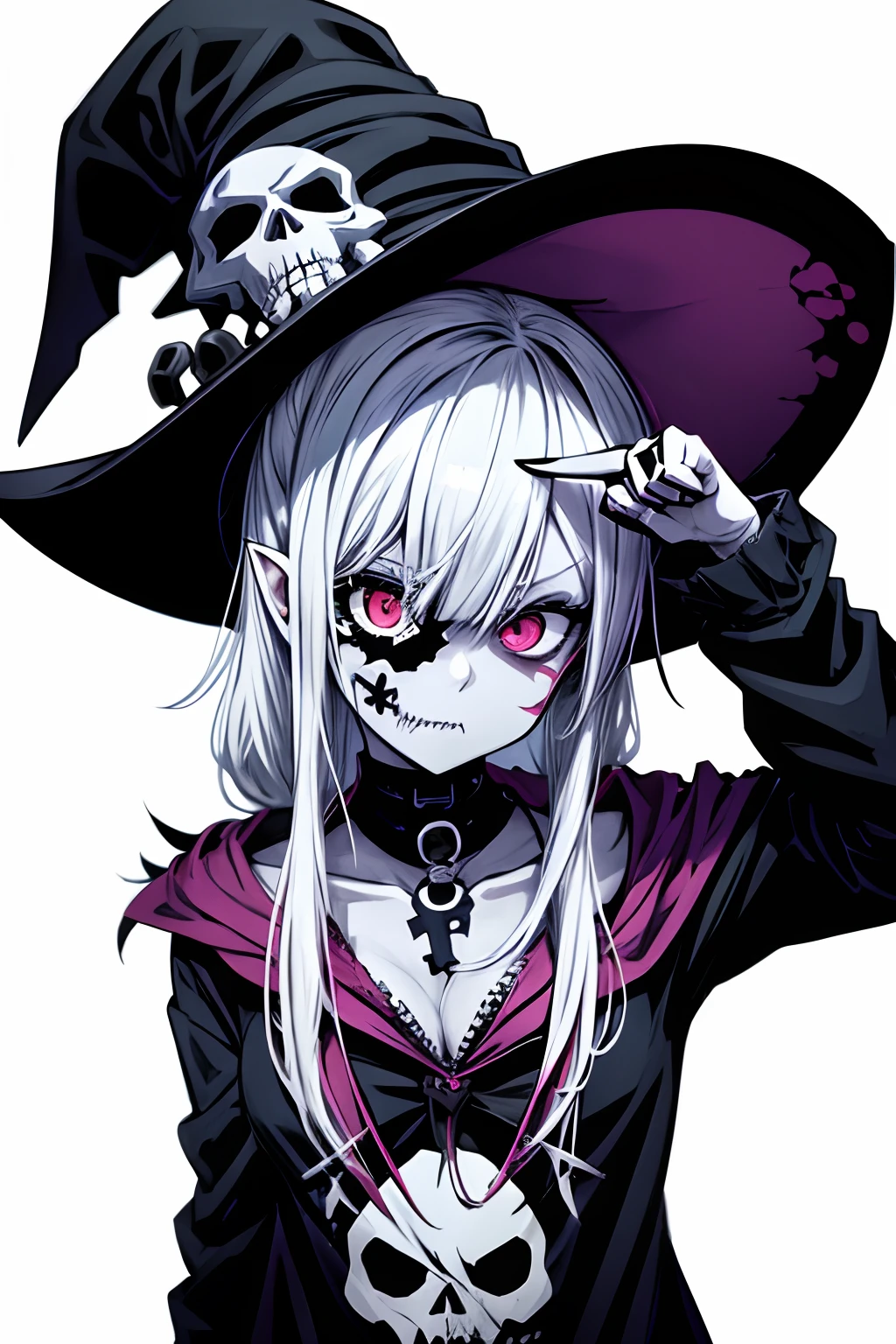 anime zombie witch design, crossbones, skulls, street wear design, pro vector, Horror style, full design, 6 colors only, solid colors, no shadows, full design, sticker, bright colors, white background.