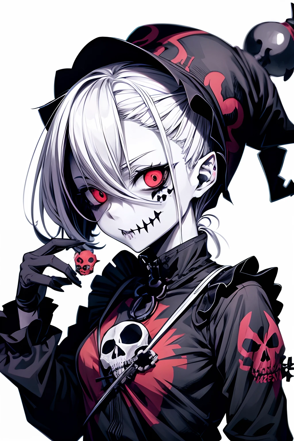 anime zombie witch design, crossbones, skulls, street wear design, pro vector, Horror style, full design, 6 colors only, solid colors, no shadows, full design, sticker, bright colors, white background.