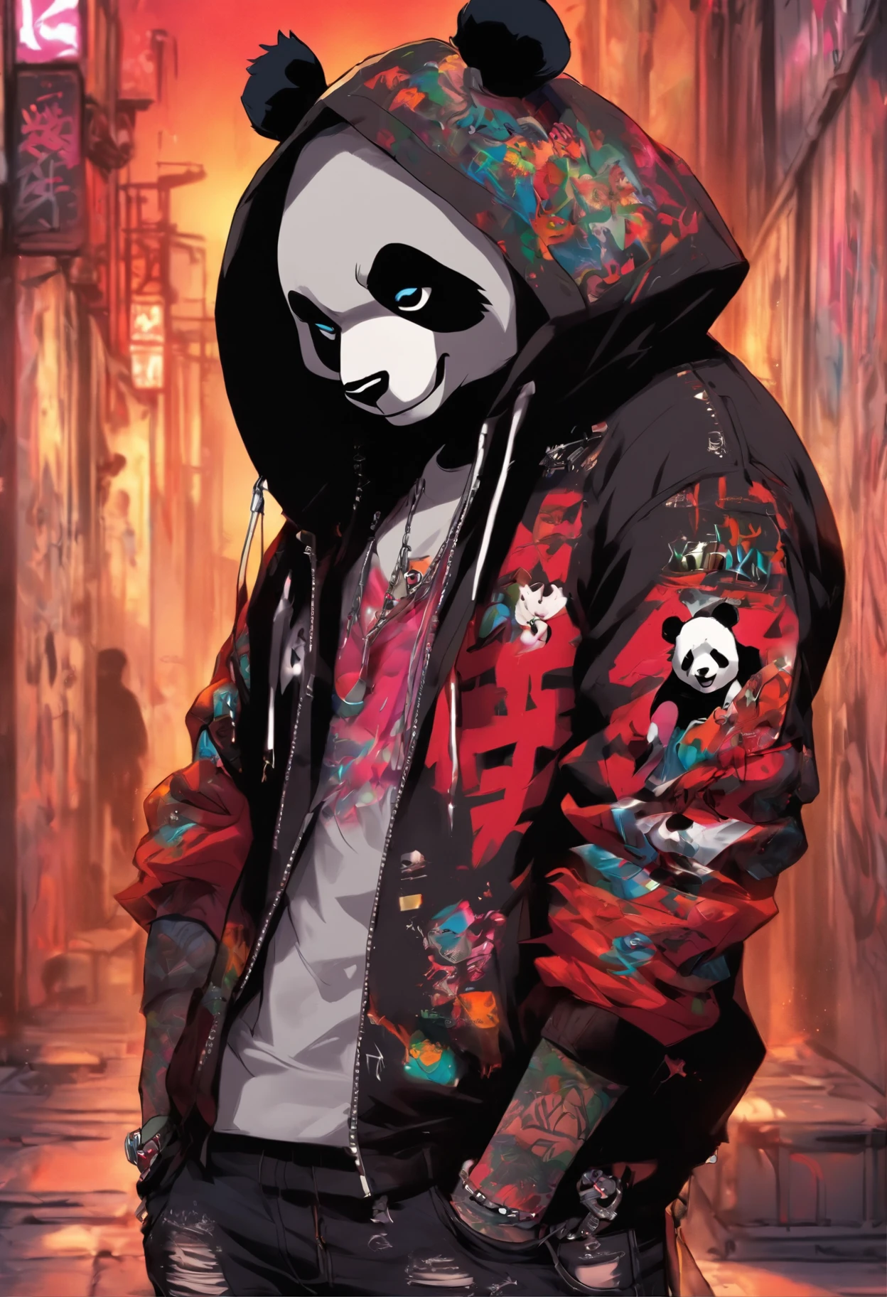 A cool and trendy panda, platinum hair, red eyes, wearing trendy hip hop clothing, wearing a hoodie, graphic t-shirt and torn jeans, tons of tattoos and piercings, graffiti style background, highly detailed background, perfect masterpiece, high quality, high resolution