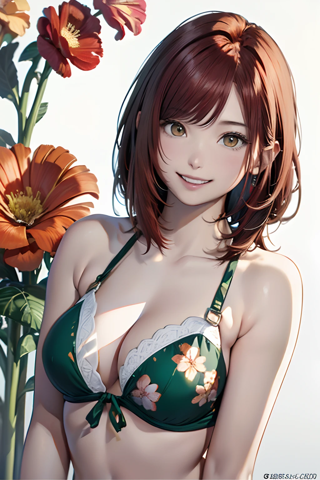 (Best Quality, 8K, Oil Painting, masutepiece:1.2), Ultra-detailed, (Realistic, Photorealistic:1.37), (((FULL BODYSHOT)))、Vibrant colors, (((A smile)))、(((Green Bikini)))、(((Floral Bikini)))、(((20Women of a certain age)))、(((slightly smaller breasts)))、 (((red hairs)))、(((Shoulder-length bob hair)))、((( White background))), (((I have my mouth wide open)))、(((Girly Hairstyles)))、(((bobhair)))、(((In front of a white wall)))、(((Applause)))、(((Nothing on the top of the head)))、(((White teeth are visible)))
