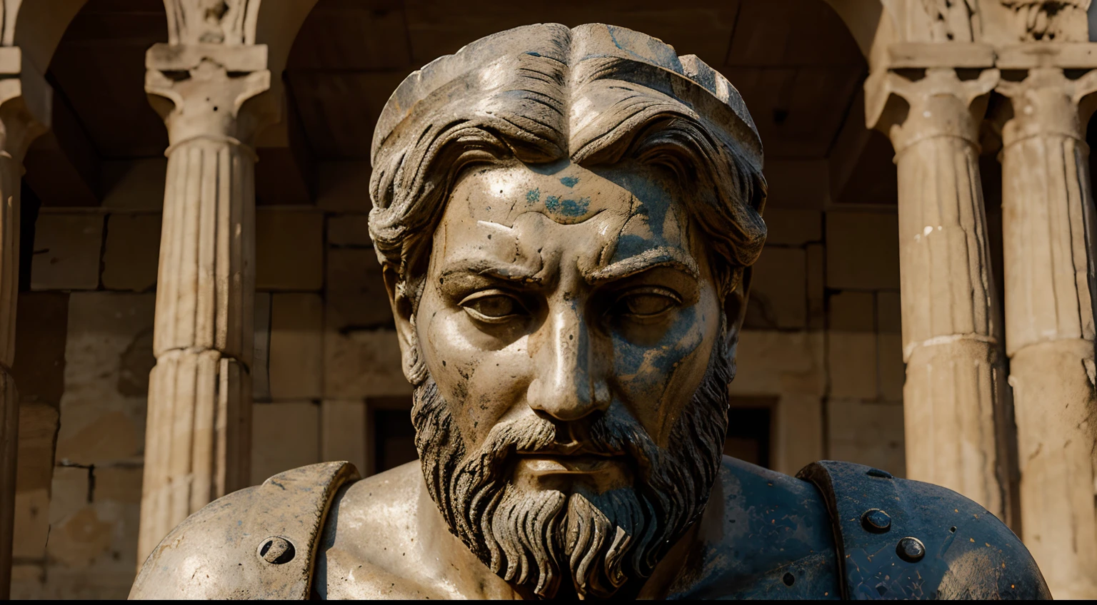 Ancient Stoic Statue With Very Angry Expression, tem barba, muitos detalhes em ambos os olhos, Outside, fundo atenas grego, open sky, com rosto extremamente detalhado full body view, Colors with low saturation with dark tone, Filmado em Sony A7S III com Sony FE 35mm f/1.8, 12.1 MP, --AR 3:2 --estilo cru