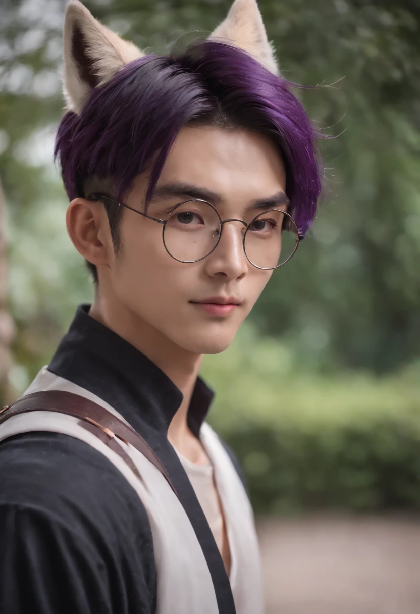 Anime boy with fox ears and round glasses in front of round purple background, Demon Slayer art style, cute guy in Demon Slayer art, Handsome Japanese Monio boy, arcane art style, Cute anime fox, The demons