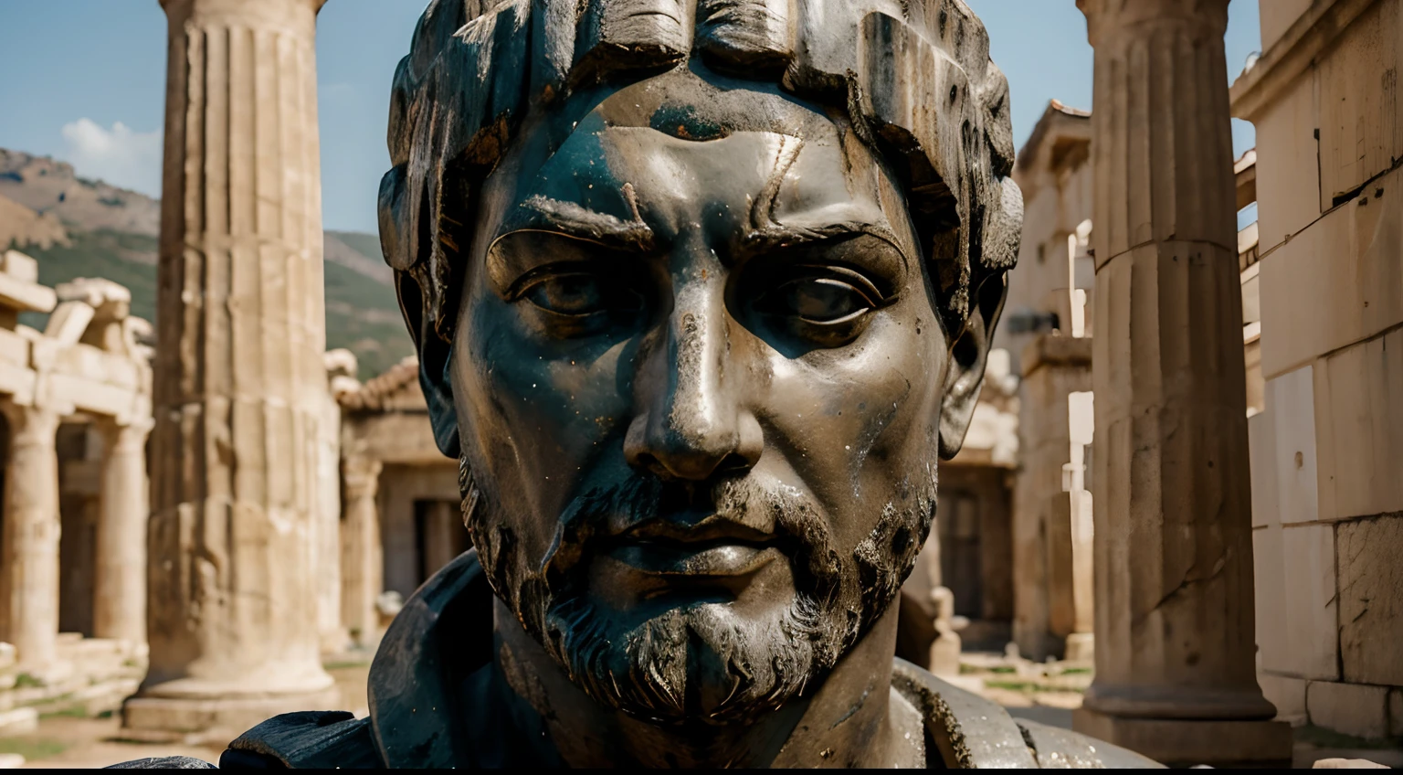 Ancient Stoic Statue With Very Angry Expression, tem barba, muitos detalhes em ambos os olhos, Outside, fundo atenas grego, open sky, com rosto extremamente detalhado full body view, Colors with low saturation with dark tone, Filmado em Sony A7S III com Sony FE 35mm f/1.8, 12.1 MP, --AR 3:2 --estilo cru