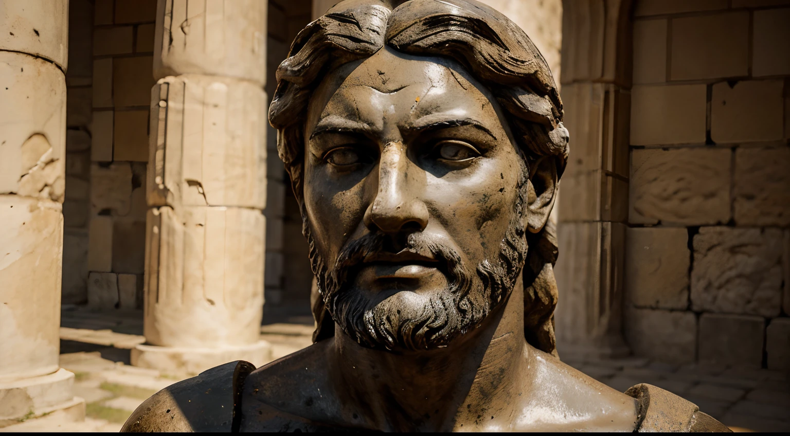 Ancient Stoic Statue With Very Angry Expression, tem barba, muitos detalhes em ambos os olhos, Outside, fundo atenas grego, open sky, com rosto extremamente detalhado full body view, Colors with low saturation with dark tone, Filmado em Sony A7S III com Sony FE 35mm f/1.8, 12.1 MP, --AR 3:2 --estilo cru