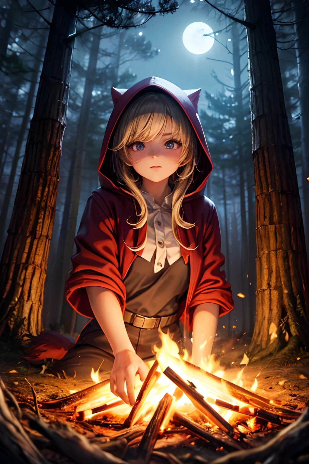 girl, red ridding hood, looking at the viewer, forest background, night time, bonfire