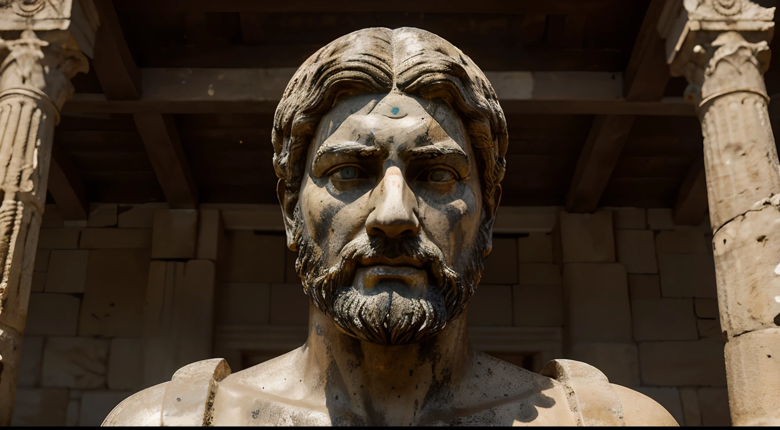 Ancient Stoic Statue With Very Angry Expression, tem barba, muitos detalhes em ambos os olhos, Outside, fundo atenas grego, open sky, com rosto extremamente detalhado full body view, Colors with low saturation with dark tone, Filmado em Sony A7S III com Sony FE 35mm f/1.8, 12.1 MP, --AR 3:2 --estilo cru