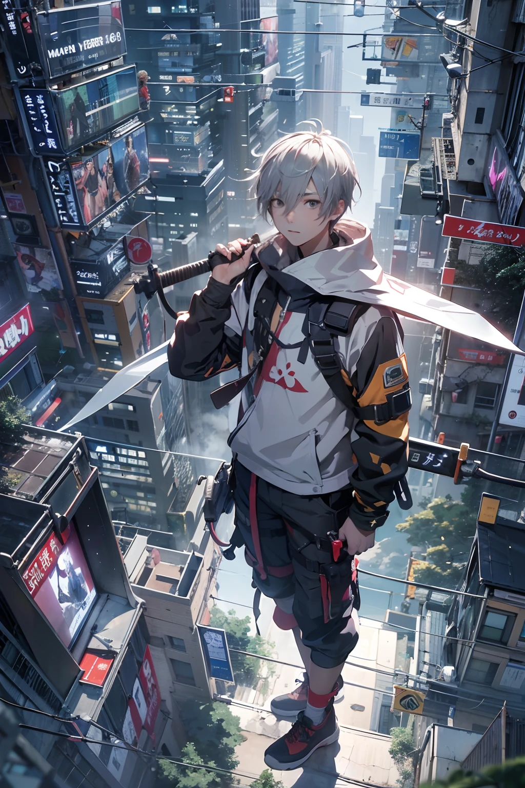 1boy,(15 years old boy:1.5)、Anime-style protagonist、Cyberpunk Boy、silber hair、Spiky hairstyle、machine gun、Japan sword on the back、Whole body bloody、Looking at the camera、Upper body only shots、Overhead view of the composition、The beginning of the adventure、Lots of clouds,heavy fog、Moon,Lightning、Chaotic city of the future、Movie dystopia、A group of very tall skyscrapers stands in the center、Very complex cityscape,Crowded Chinese skyscrapers、Tall radio tower、Trees、street signs、streetlights、taxis、buses、Train、Warm lighting,Dark road、puddles、Chaotic、Beautiful and fantastic scenery、Cinematic scenery、hightquality、masutepiece,in 8K、hight resolution、