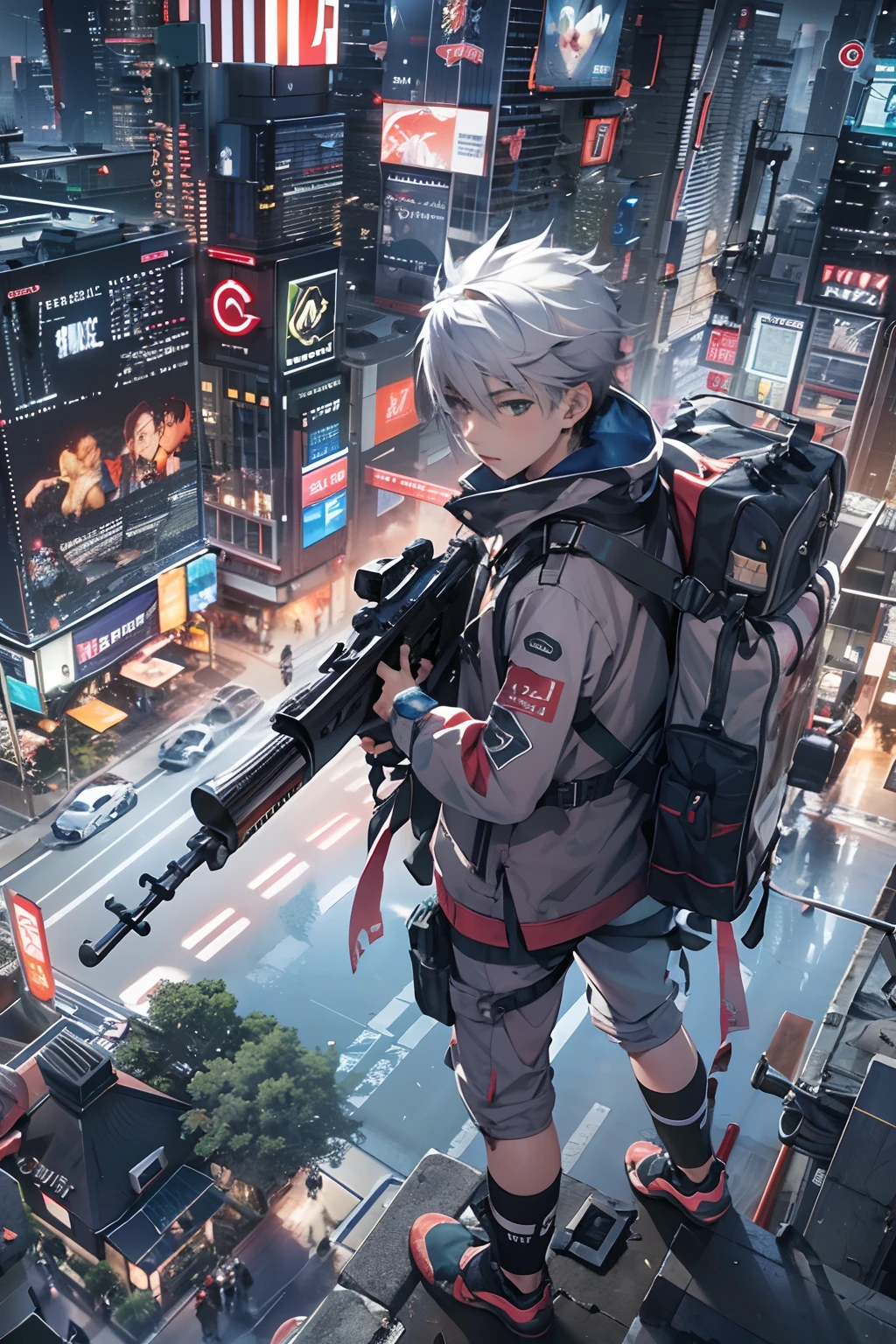 1boy,(15 years old boy:1.5)、Anime-style protagonist、Cyberpunk Boy、silber hair、Spiky hairstyle、machine gun、Japan sword on the back、Whole body bloody、Looking at the camera、Upper body only shots、Overhead view of the composition、The beginning of the adventure、Lots of clouds,heavy fog、Moon,Lightning、Chaotic city of the future、Movie dystopia、A group of very tall skyscrapers stands in the center、Very complex cityscape,Crowded Chinese skyscrapers、Tall radio tower、Trees、street signs、streetlights、taxis、buses、Train、Warm lighting,Dark road、puddles、Chaotic、Beautiful and fantastic scenery、Cinematic scenery、hightquality、masutepiece,in 8K、hight resolution、