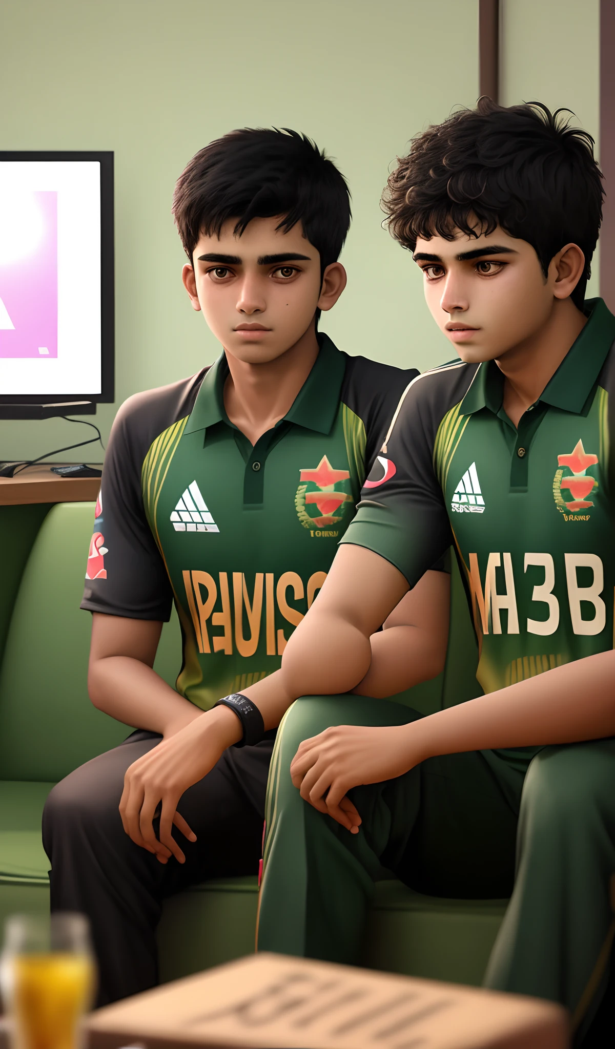 A boy is watching Bangladesh cricket match on TV. the boy's name is Maruf and jersey number 75 is written on the jersey