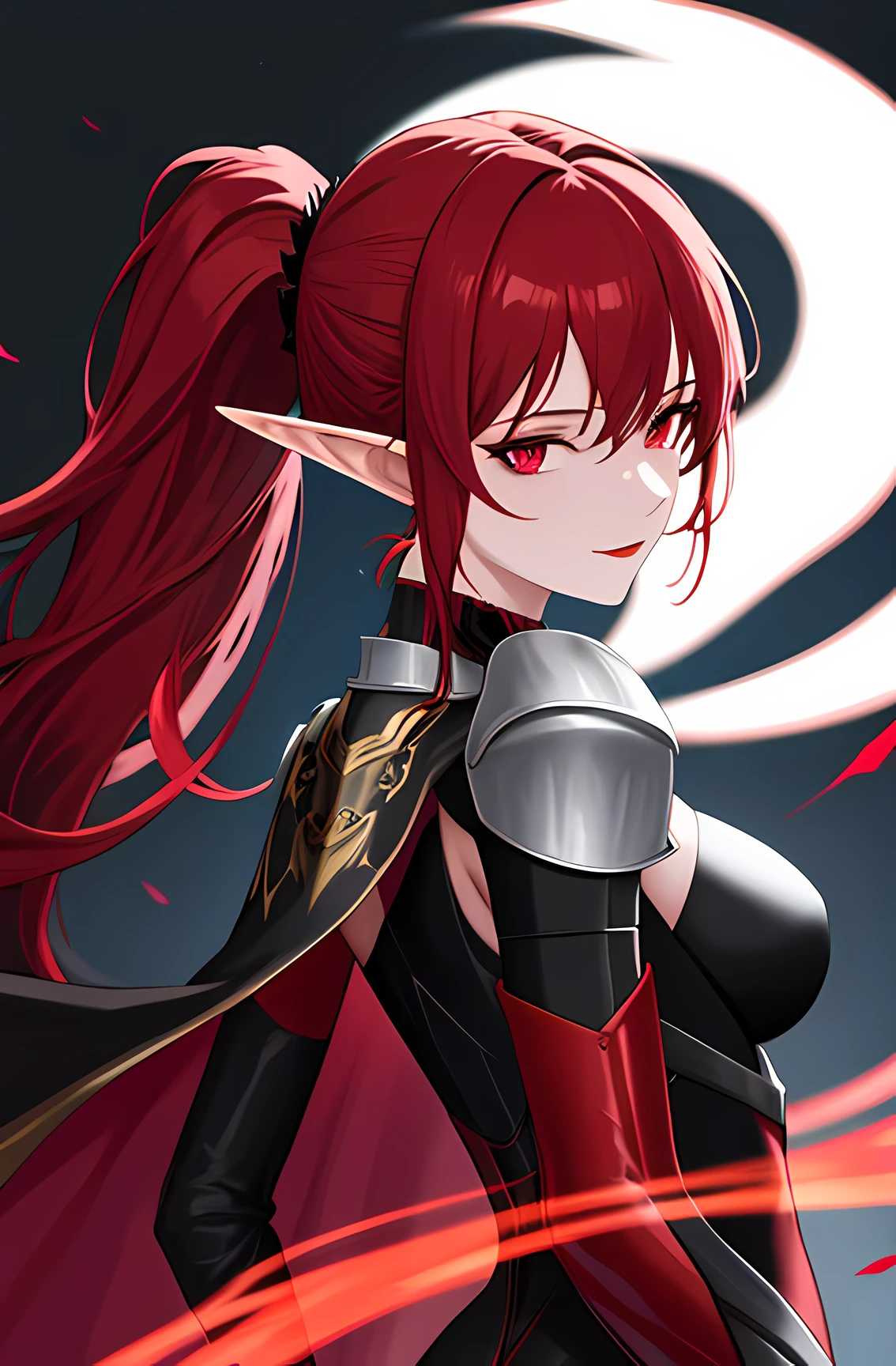 (extremely delicate and beautiful:1.2),highres, masterpiece, 1girl, bangs, red eyes, blurry, blurry background, long red ponytail, elf ears, closed mouth, from side, hair covering left eye, flames, light particles, ornate black knight armor, ragged cape, looking at viewer, medium hair, night, solo, cross \(symbol\), upper body,smile,red lips