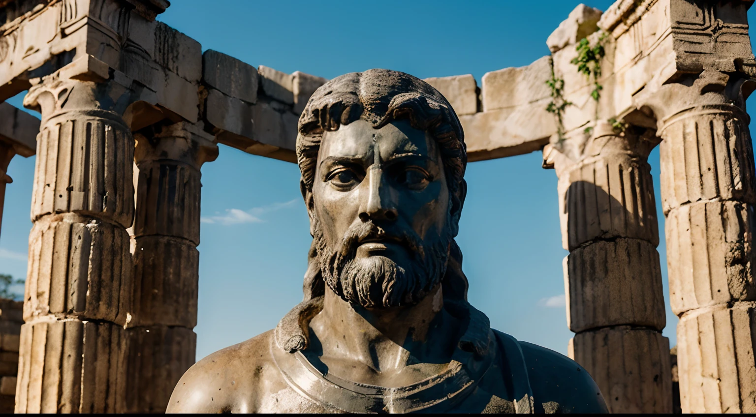 Ancient Stoic Statue With Very Angry Expression, tem barba, muitos detalhes em ambos os olhos, Outside, fundo atenas grego, open sky, com rosto extremamente detalhado full body view, Colors with low saturation with dark tone, Filmado em Sony A7S III com Sony FE 35mm f/1.8, 12.1 MP, --AR 3:2 --estilo cru