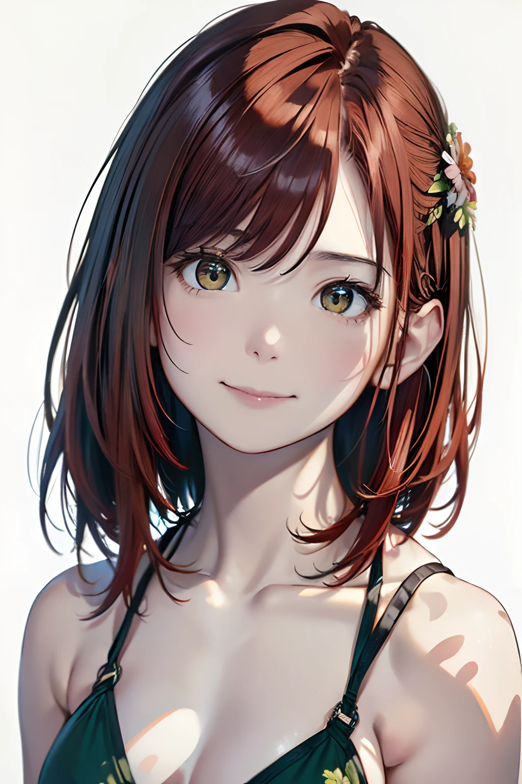 (Best Quality, 8K, Oil Painting, masutepiece:1.2), Ultra-detailed, (Realistic, Photorealistic:1.37), (((FULL BODYSHOT)))、Vibrant colors, (((A smile)))、(((Green Micro Bikini)))、(((Floral Bikini)))、(((２０Women of a certain age)))、(((slightly smaller breasts)))、 (((red hairs)))、(((Shoulder-length bob hair)))、((( White background))), (((I have my mouth wide open)))、(((My face is turning red)))、(((Girly Hairstyles)))、(((bobhair)))、(((In front of a white wall)))、(((Grim expression)))、(((Nothing on the top of the head)))、(((Puffing out cheeks)))